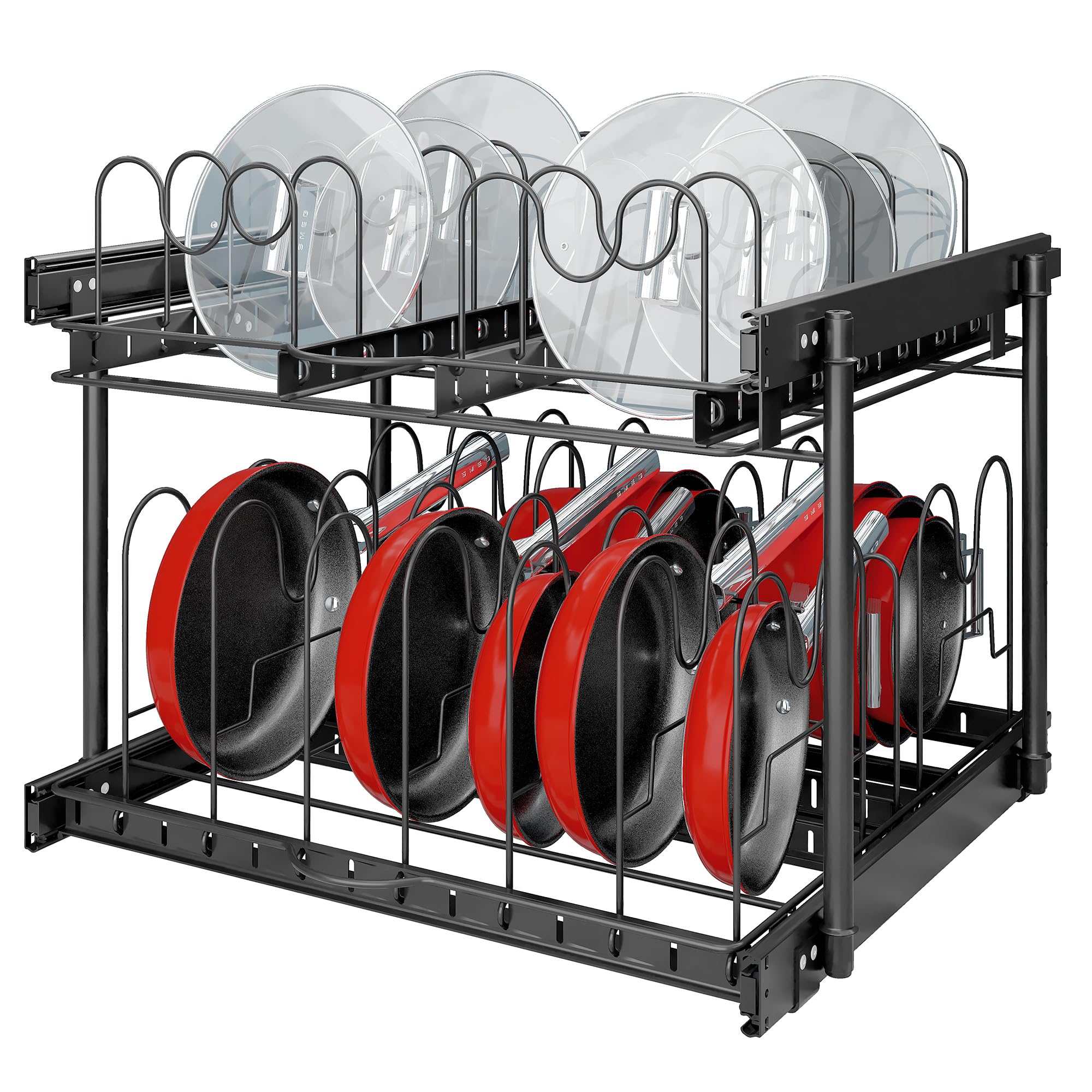 TQVAI Pots and Pans Organizer, Full-Extension Pull Out Cabinet Organizer, Slide Out Drawers for Kitchen Cabinets with Adjustable Dividers, Request at Least 23.5" W x 23.5" D x 23.5" H OpeningBlack