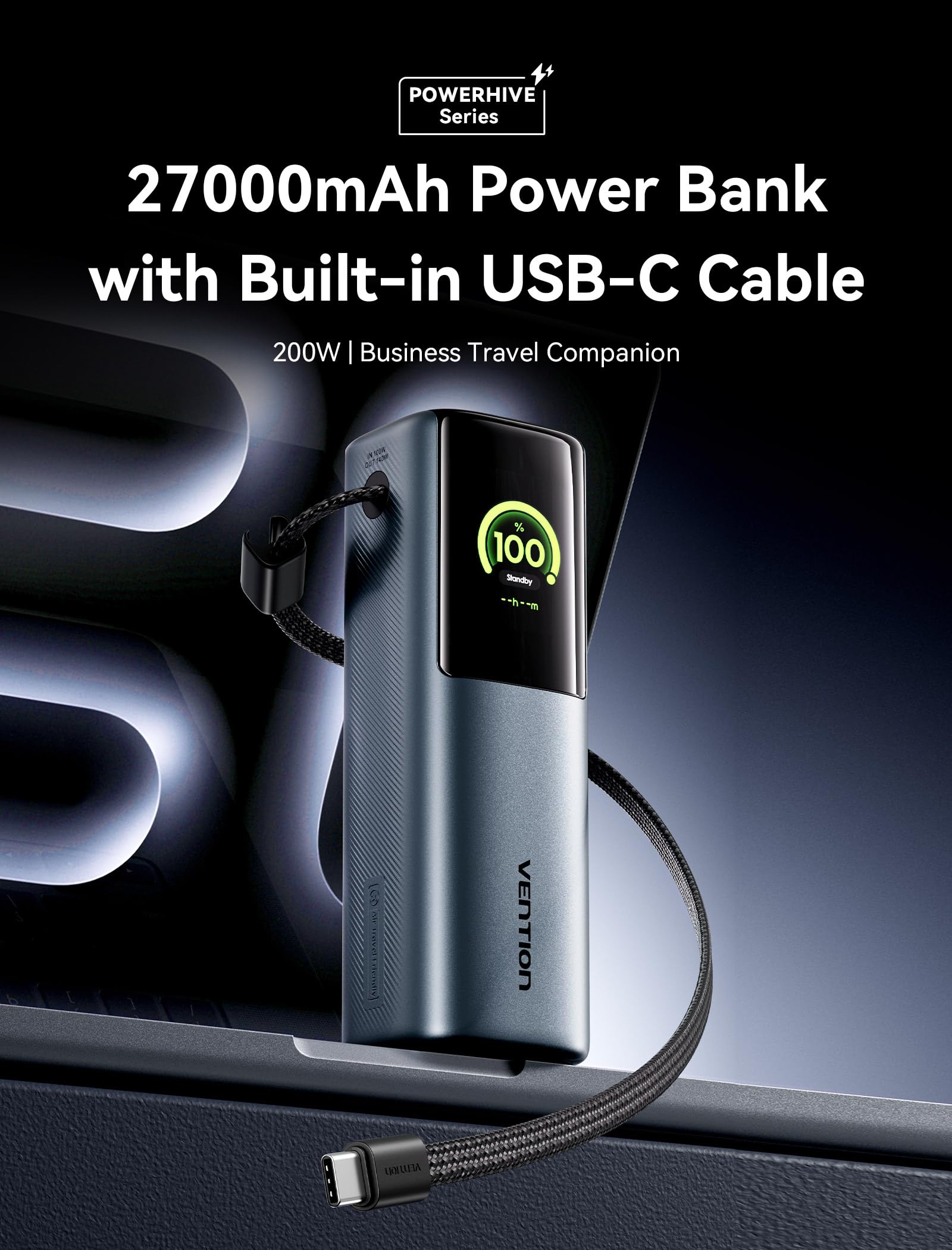 VENTION 27000mAh Laptop Powerbank 200W Ricarica Rapida Display Digital & Emoji Animation, Cavo USB-C integrato, 2 x USB-C + USB-A, per iPhone 17/16/15/14/13 Pro Max, MacBook, Dell, HP, Galaxy S24