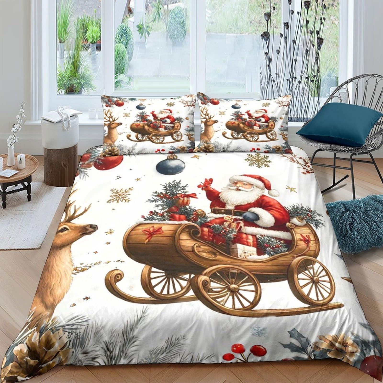 Ctjqhvkz Style-8 3D Printed Christmas Santa Sleigh Fitted Sheet Microfiber Soft Reindeer Bed Cover For Bedroom Guest Room Decor Single（135X200cm）