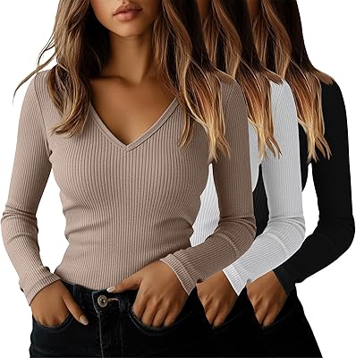 Ficerd 3 Pack Women's Long Sleeve T Shirts Cotton V Neck Slim Fit Tops Ribbed Knit Layering Casual Basic Tees Fall