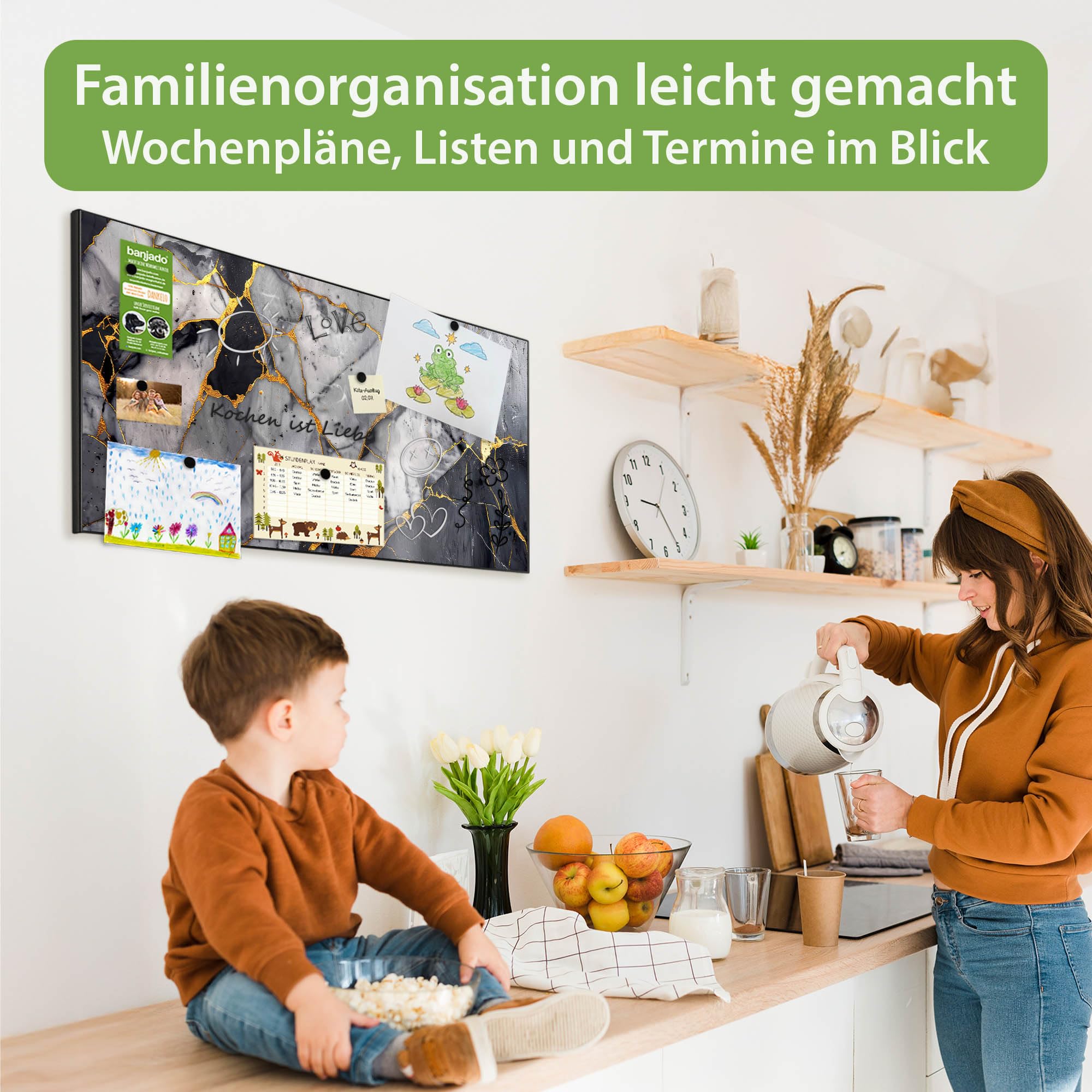 banjado Magnettafel Metall 78 x 37cm - beschreibbare Magnettafel - Metall Pinnwand als Memoboard - Magnetwand Küche, Büro, Kinderzimmer Schwarz inkl. 4 Magnete & Montageset - Motiv Schwarzer Marmor mi