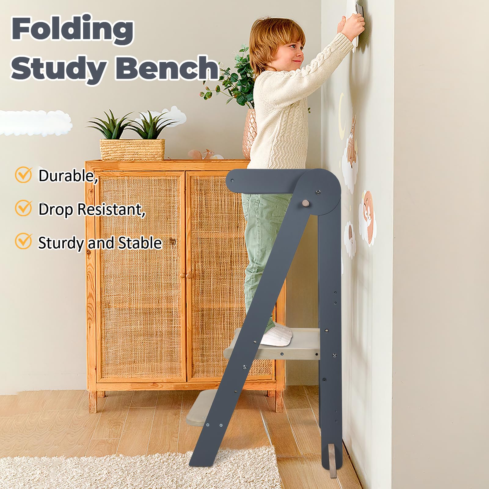 Montessori Lernturm faltbar, Kinder Küchenhelfer Hocker aus Massivholz, Tritthocker höhenverstellbar mit Kippschutz, Learning Tower für Kleinkinder, platzsparend, sicher, stabil (Beige)