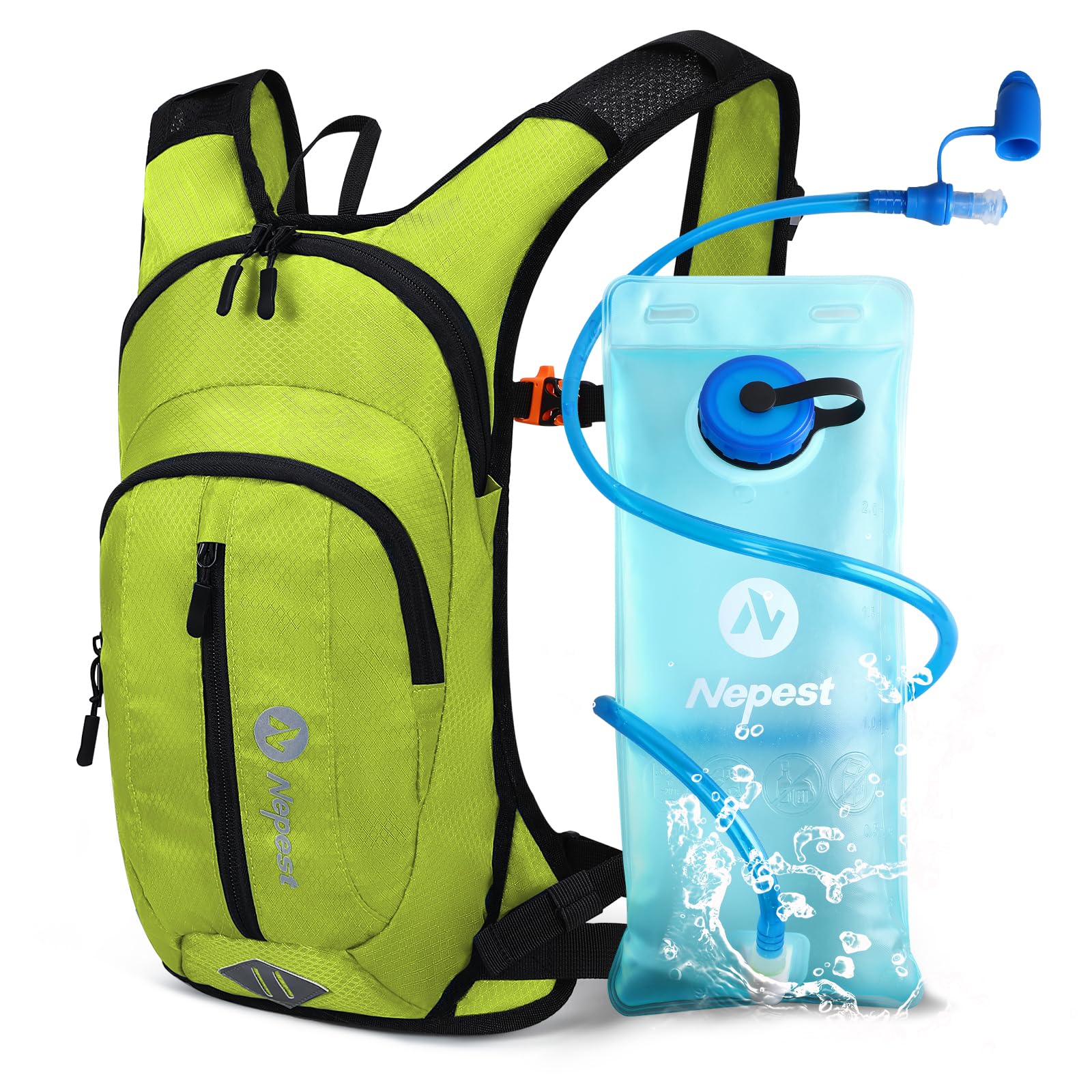 Nepest Trinkrucksack 8L - Fahrradrucksack & Skirucksack mit 2L Trinkblase | Ideal für MTB, Laufen & Skifahren | Verstellbarer Brust & Taillengurt mit Sicherheitspfeife - Grün