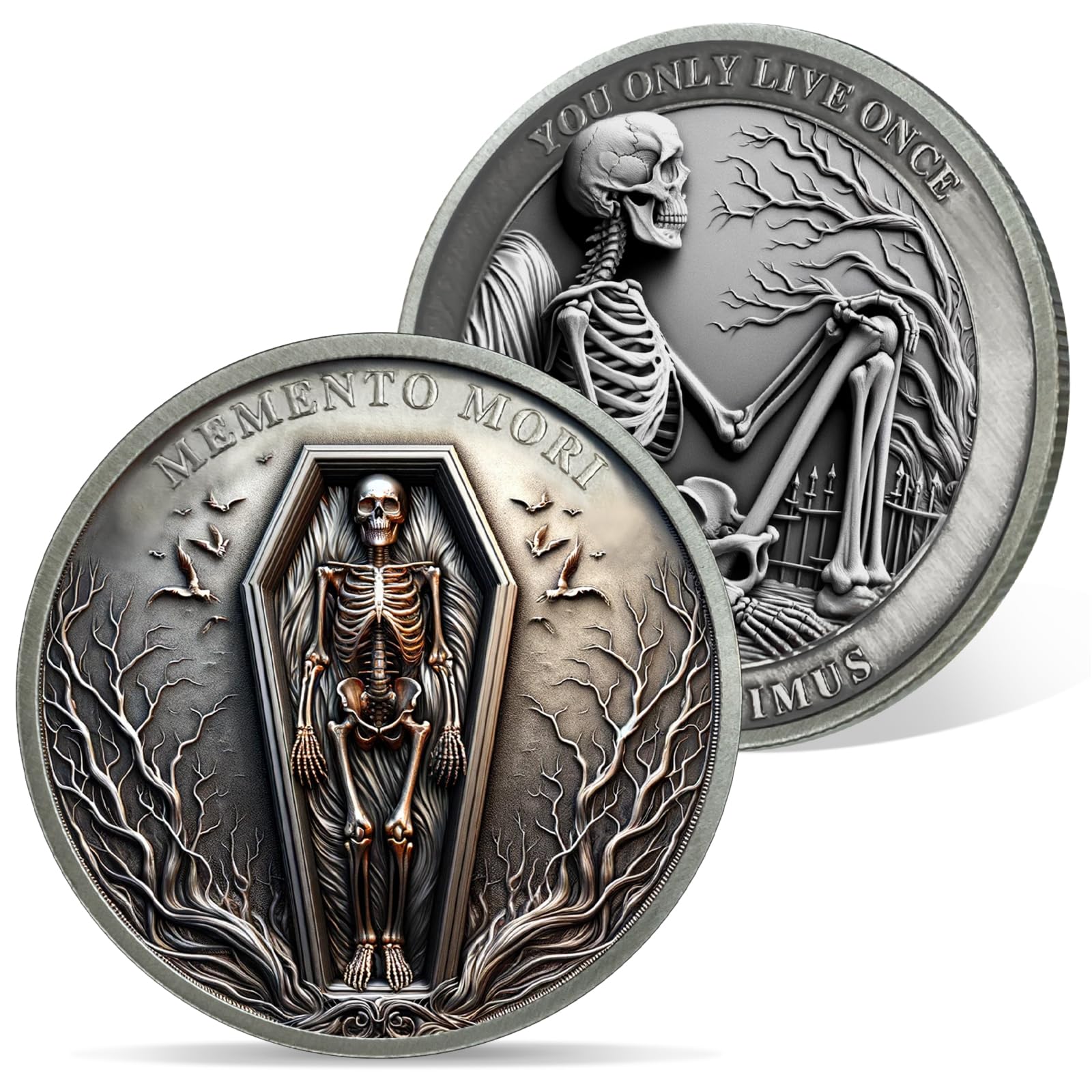AtSKnSK Memento Mori Moneda Man vive solo una vez Calavera Moneda Desafío Moneda Regalo Genial con Tema Estoico Medallón Chip Regalo Estoico Regalo para Mujeres Hombres