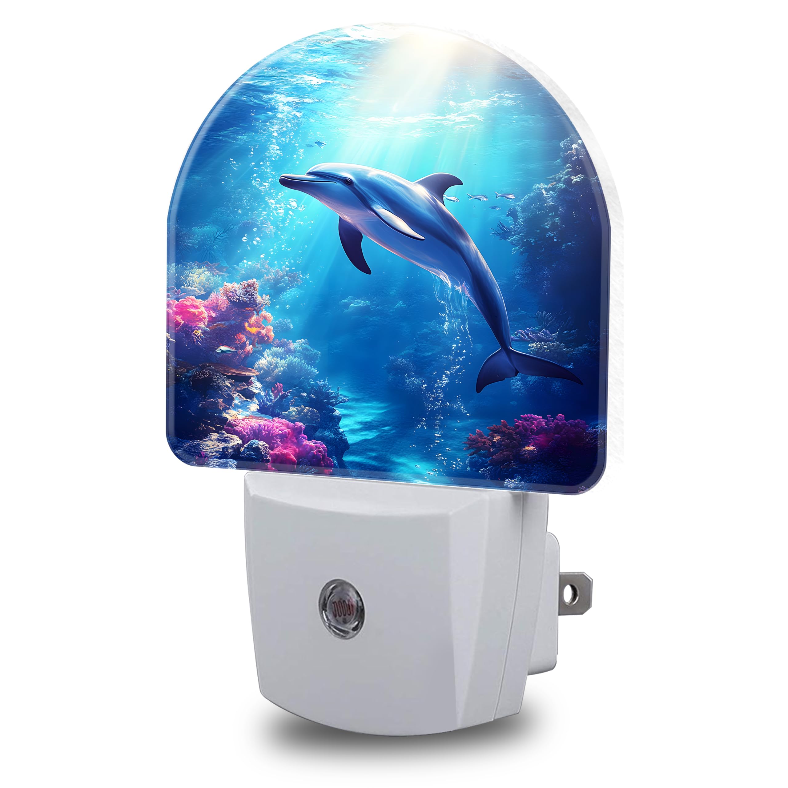 Night Light, Underwater World and Dolphin Night Lights Plug into Wall Dusk to Dawn Sensor Round Nightlight for Women Men Energy Efficient Led Lamp 0.5W for Stairway Hallway Bedroom