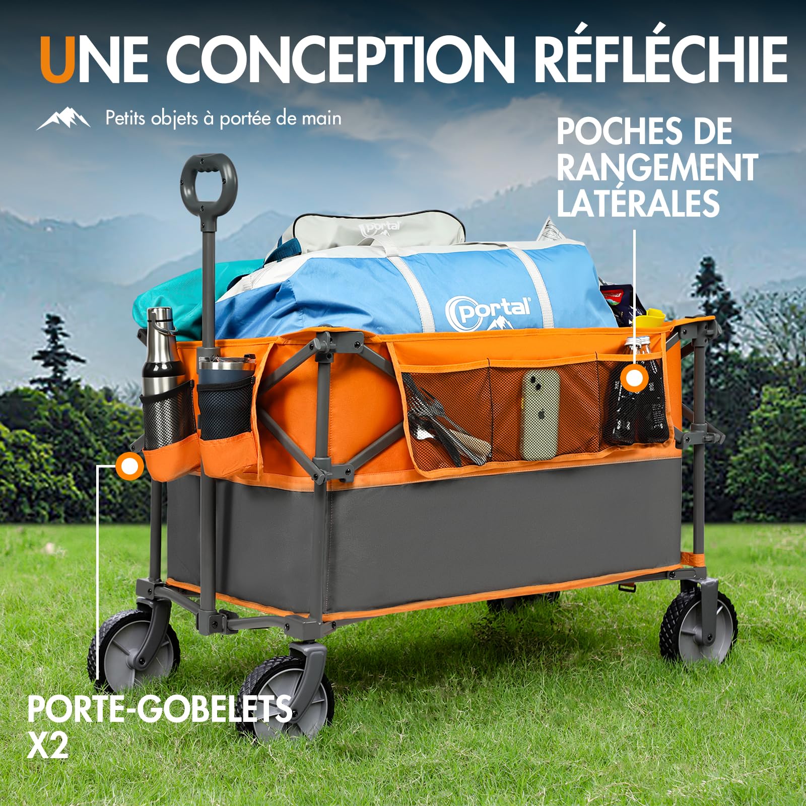 PORTAL Chariot de Jardin Pliable Plus Grande capacité pour Festival, Plage, Camping, Chariot avec roulettes, remorque de Pique-Nique Robuste Orange