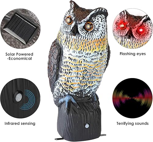 Miniatura 2 de Búho de plástico para mantener alejados a los pájaros, espantapájaros con ojos intermitentes y sonido aterrador, búho para control de aves para