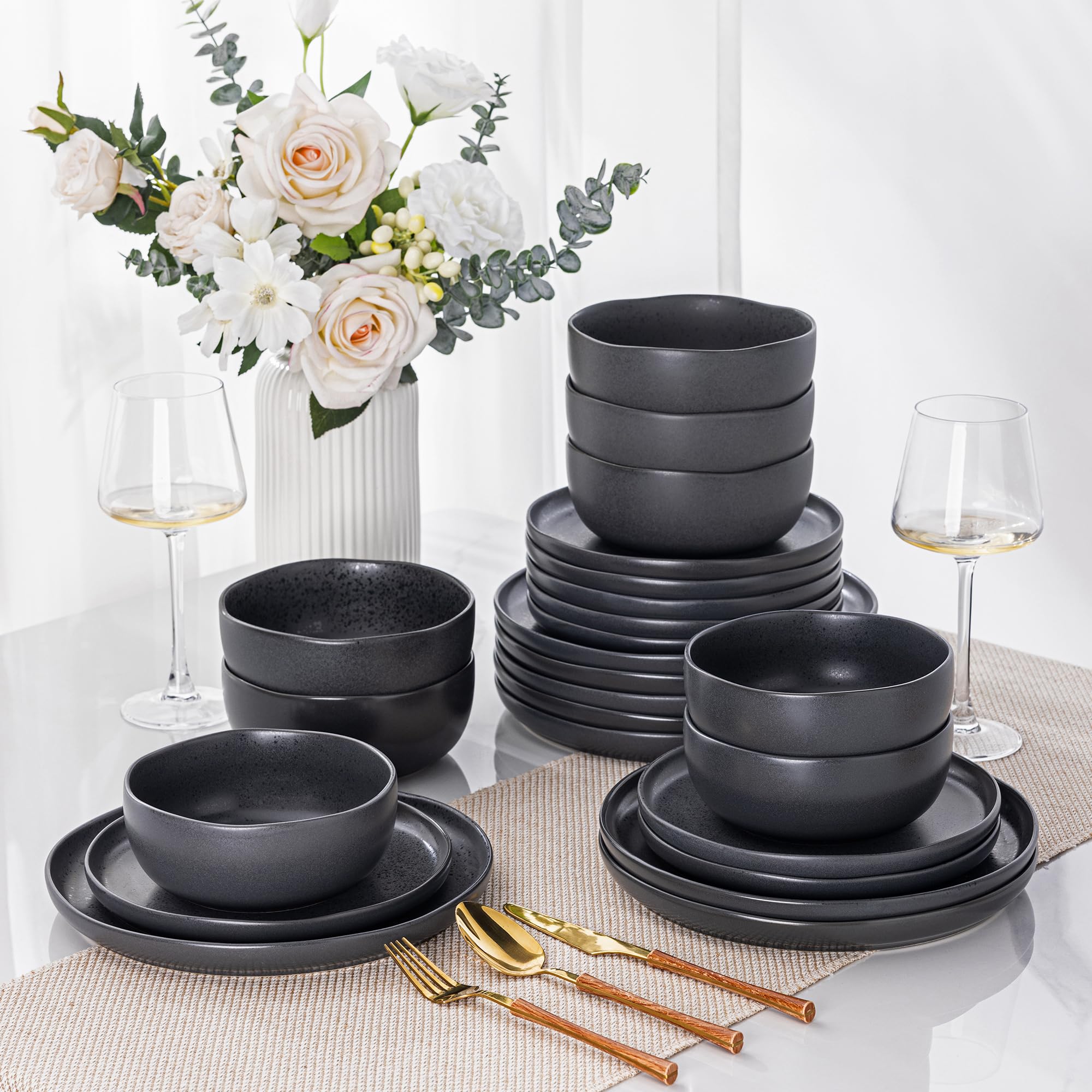 AmorArc Ceramic Dinnerware Sets, Wavy Rim Stoneware Plates and Bowls Sets,Dishwasher & Microwave & Oven Safe Dishes set, Service for 6 (24pc)-Charcoal