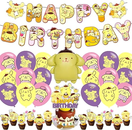 PomPomPurin - Decoraciones de fiesta de cumpleaños temáticas para niños, juego de suministros de fiesta de PomPomPurin para niños con pancarta de