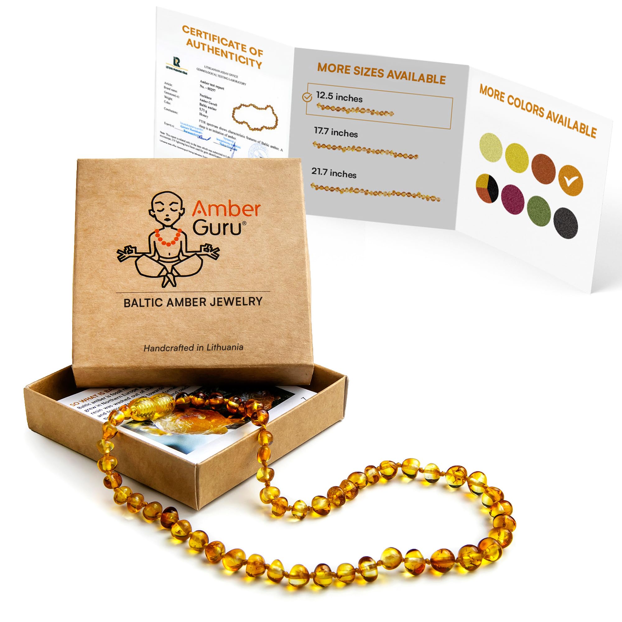 Amber Guru Baltic Amber Necklace (Authentic, Certified) - 12.5 inches - Unisex Jewelry - Polished Real Amber Beads - Proud to Deliver Genuine Baltic Sea Wonder Handmade