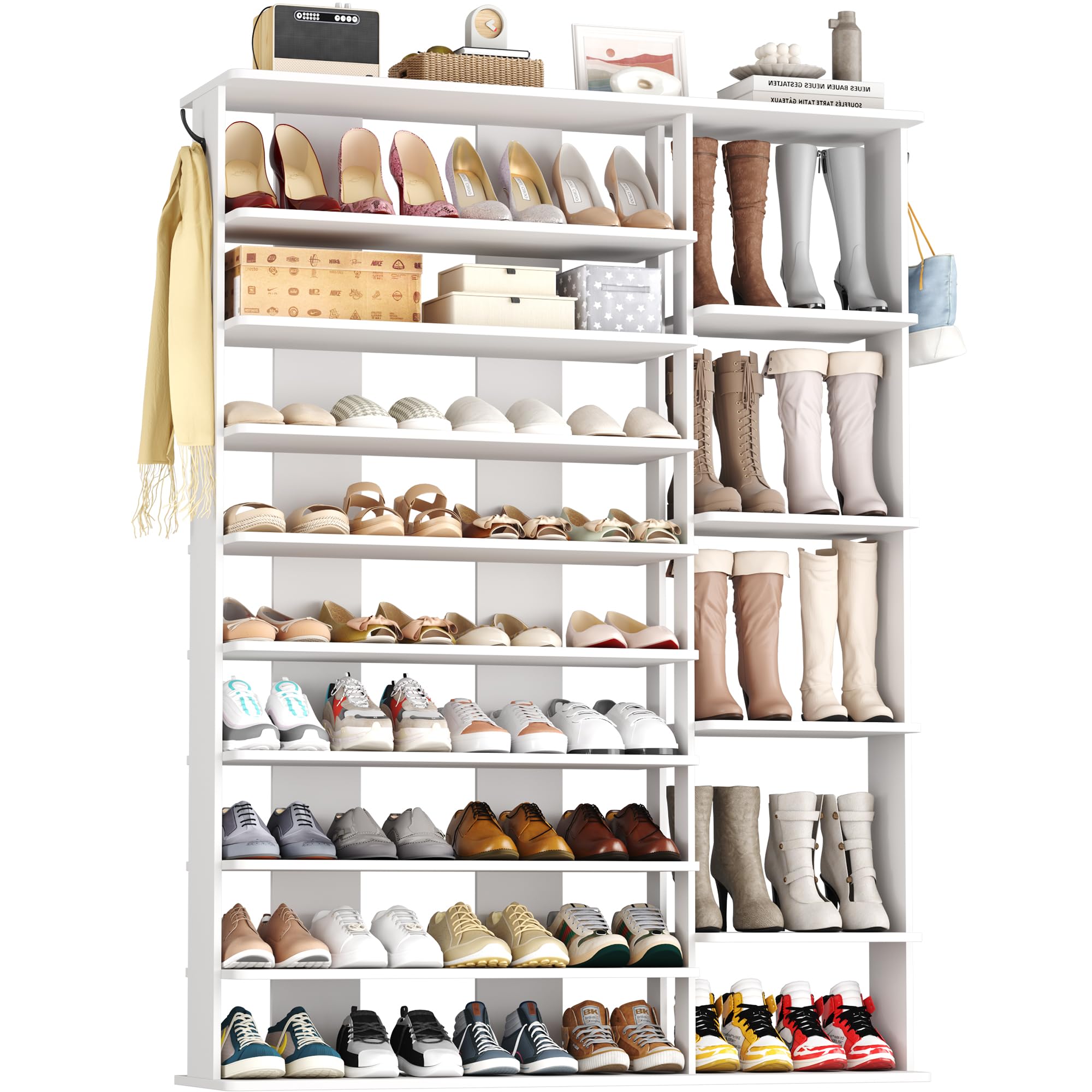 HOMEFORT 10 Tiers Shoe Rack, 50 Pairs Large Shoe Shelf, 61.8" Tall Shoe Tower, Freestanding Shoe Rack Organizer with Open Shelves, Wood Shoe Stand for
