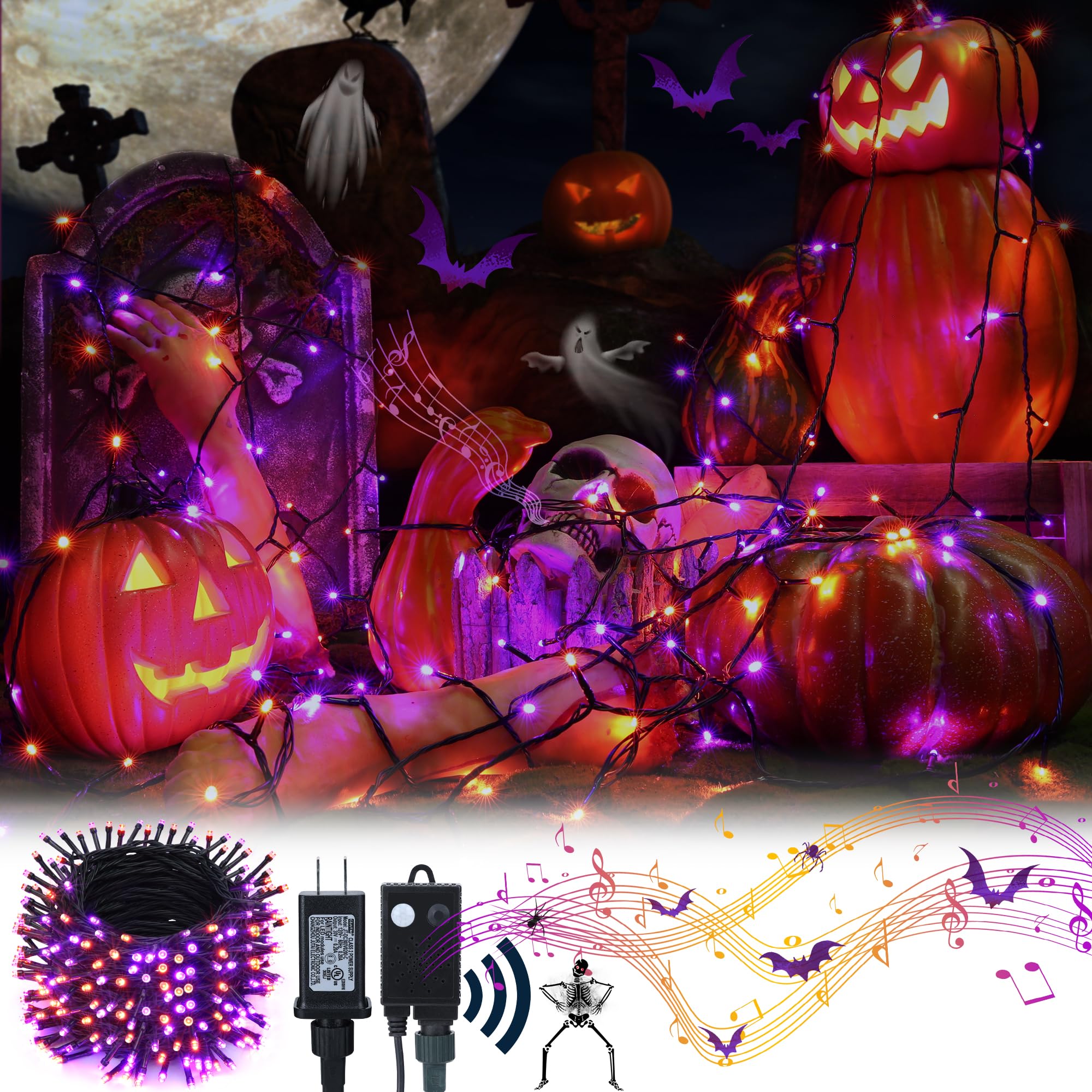 ToodourHalloween Lights Outdoor, 82FT 200 LED Halloween String Lights with Spooky Music Waterproof, Plug in Motion Sensor Orange & Purple String Light for Yard Bedroom Home Party Tree Halloween Decor
