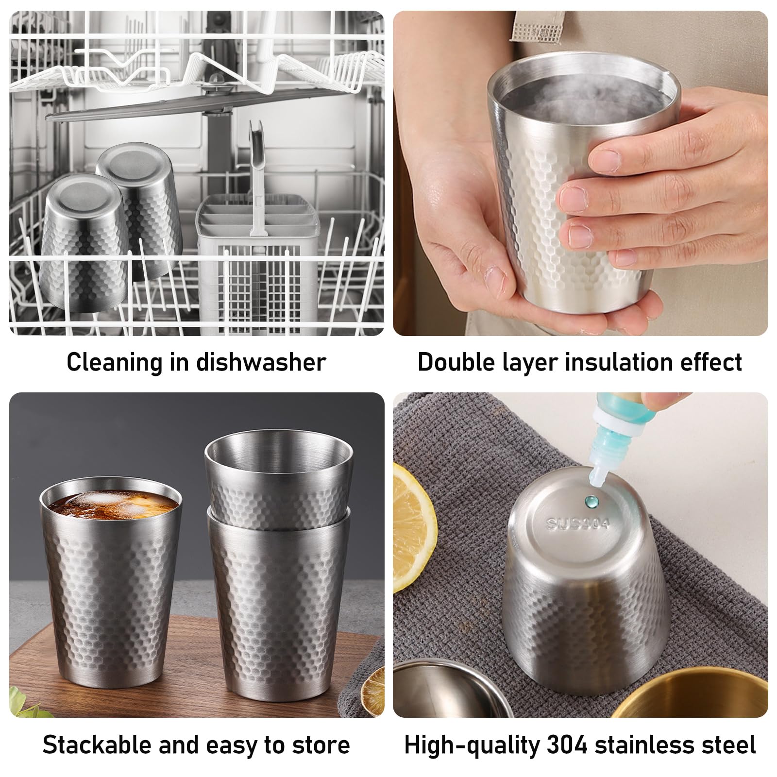 PORFOYO 5 sztuk kubków ze stali nierdzewnej, 300 ml, metalowe kubki ze stali nierdzewnej, podwójne ściany, metalowe kubki do picia, ze stali nierdzewnej, kubki kempingowe, nietłukące się, do domu, na