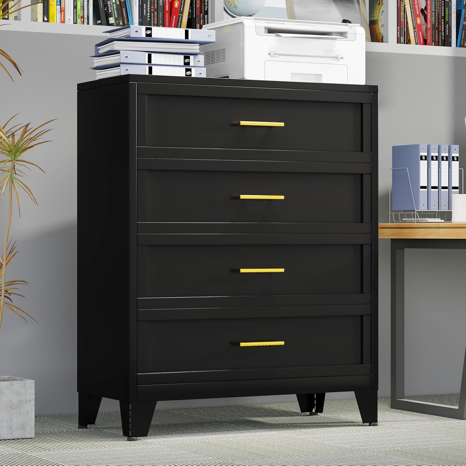 GAIOUS Tall 4 Drawers Dresser for Bedroom, Metal Drawer Dresser Chest Organizer, 4 Drawer Metal File Cabinet, Drawer Cabinet for Home Office Collection and Storage Small Size Files (Black)