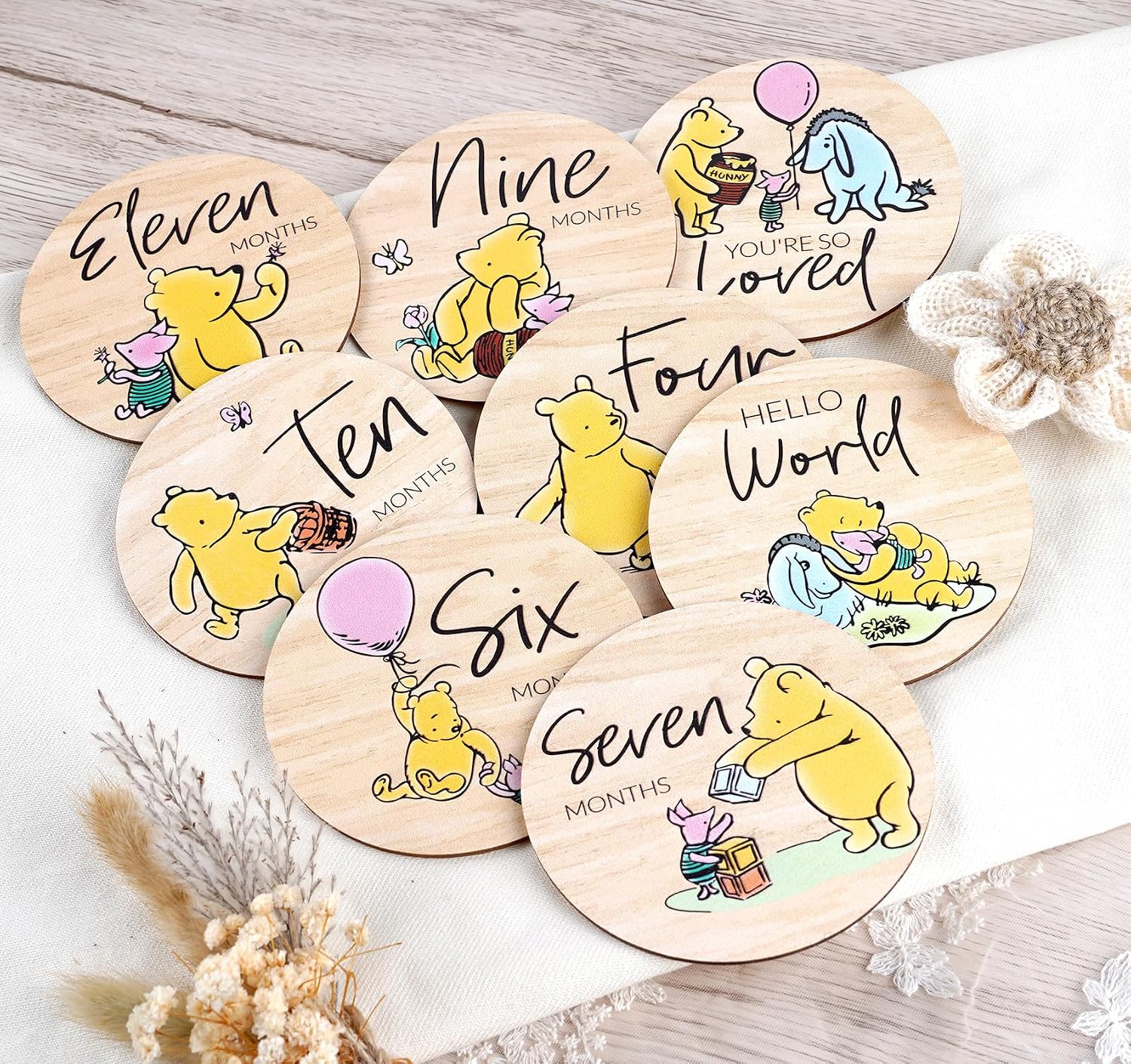 Winnie Baby Milestone Cards, Wooden Cirles Discs for Baby Photo Prop with Announcement & Hello World Sign - 8Pcs Double Sided Markers for Baby Shower Nursery Gift