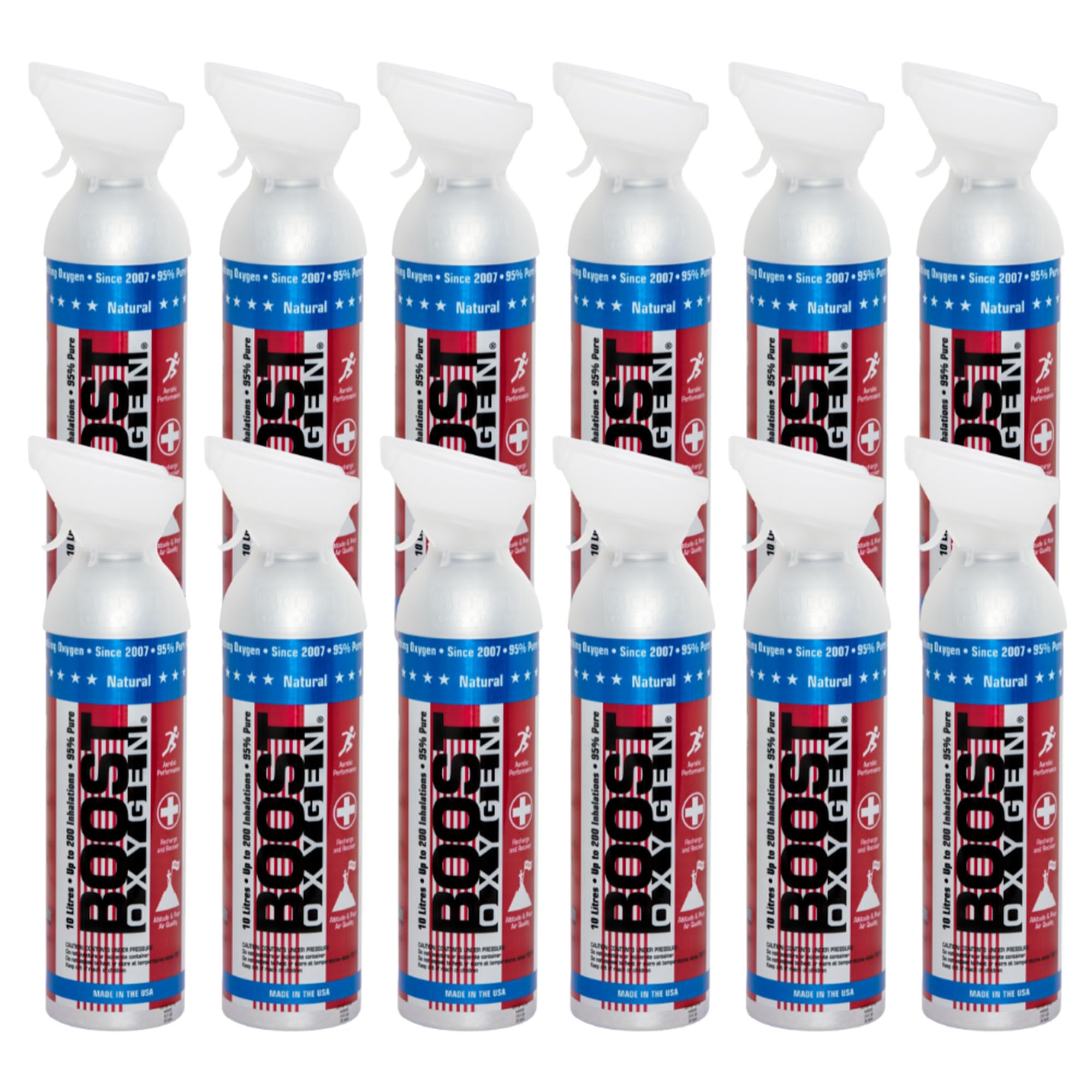 Boost Oxygen Large Natural Aroma Stars & Stripes 10 Liter Canister | Respiratory Support for Aerobic Recovery, Altitude, Performance and Health (12 Pack)