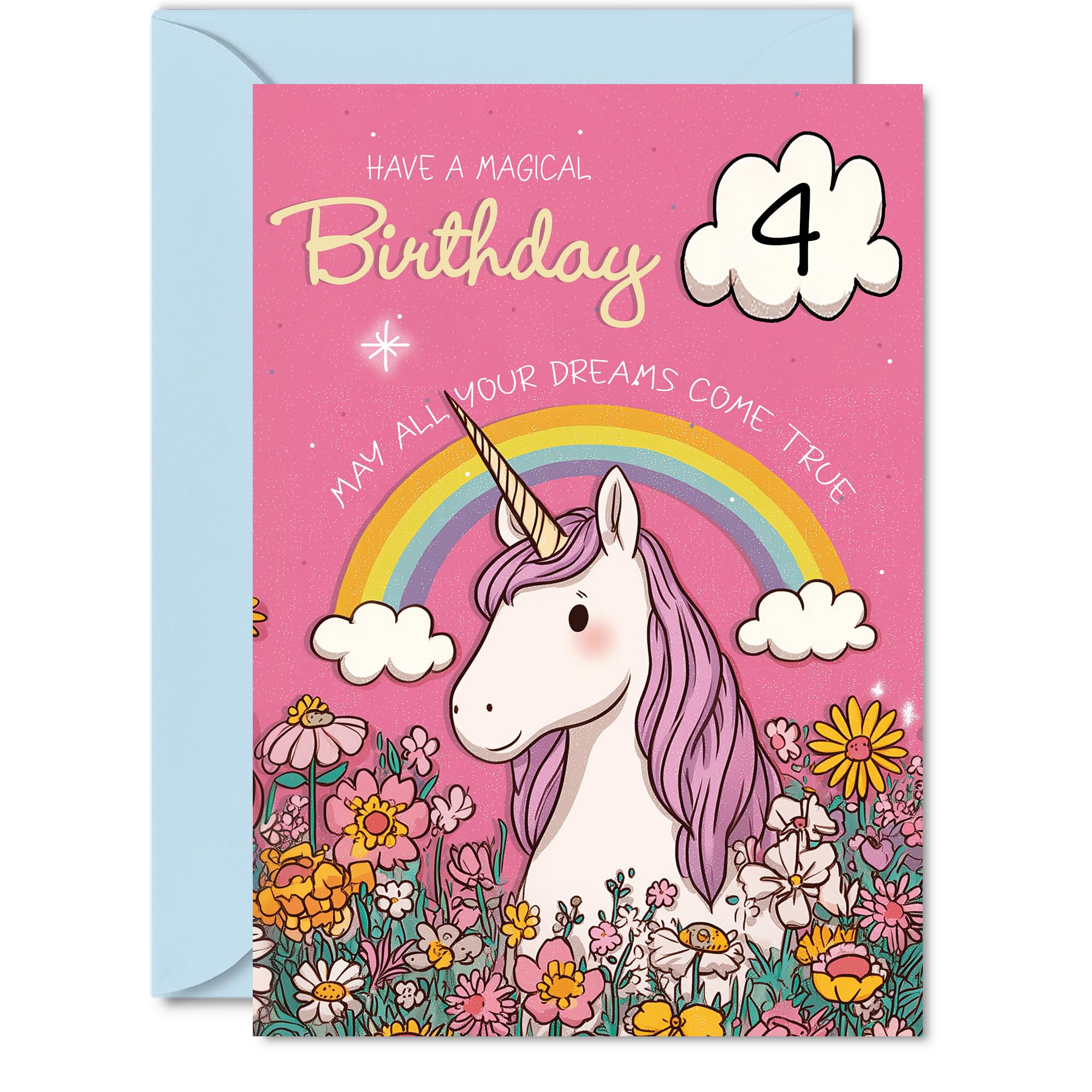 Cute 4th Birthday Card - Make Her Day Sparkle - Whimsical Unicorn, Rainbow and Flowers in Magical Pinks - Bursting with Cheerful Birthday Wishes - A5, Envelope Included