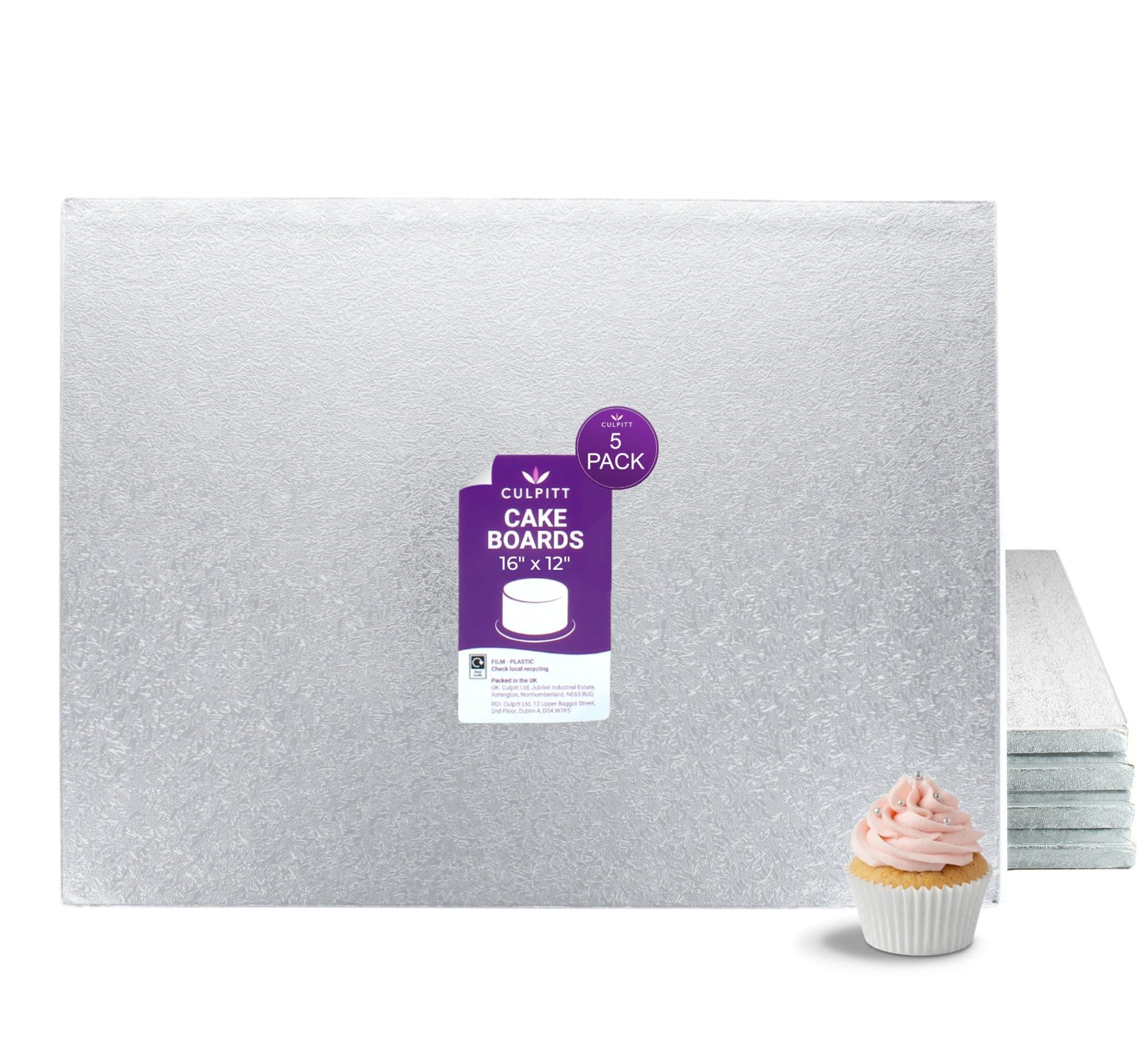 Culpitt Silver 16" X 12" Cake Board | 5 Pack | Oblong Cake Drum, Rectangular, 0.5 Inch (13Mm) Thick, Pack Of 5 Boards For Tray Bakes, Cakes, And Cupcake Displays | - Pack Of 5