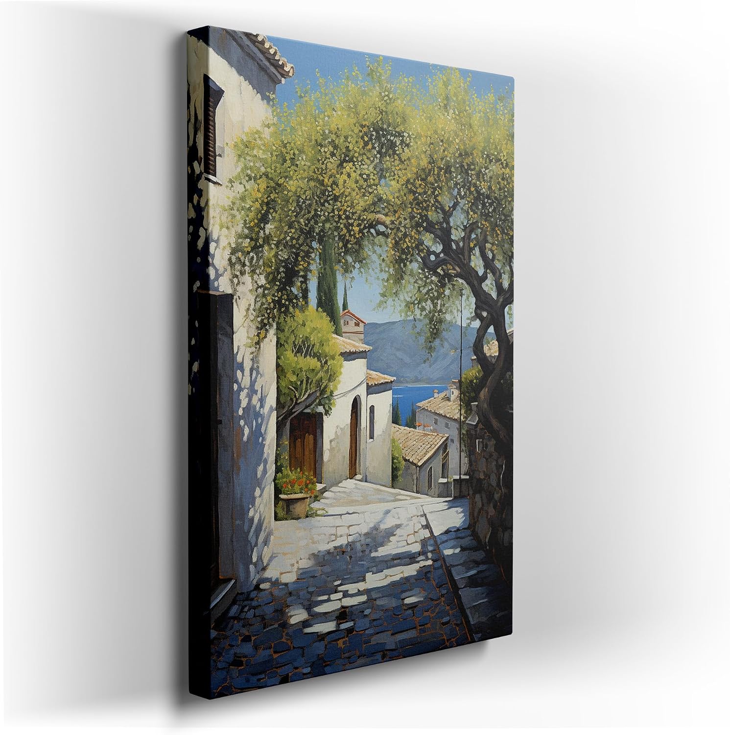 Canvas for Living room. Mediterranean Serenity in Bloom: Discover the Charm of a Village Cobblestone Passage, 27 x 18 inch Canvas Wall Art - Modern Home Decor