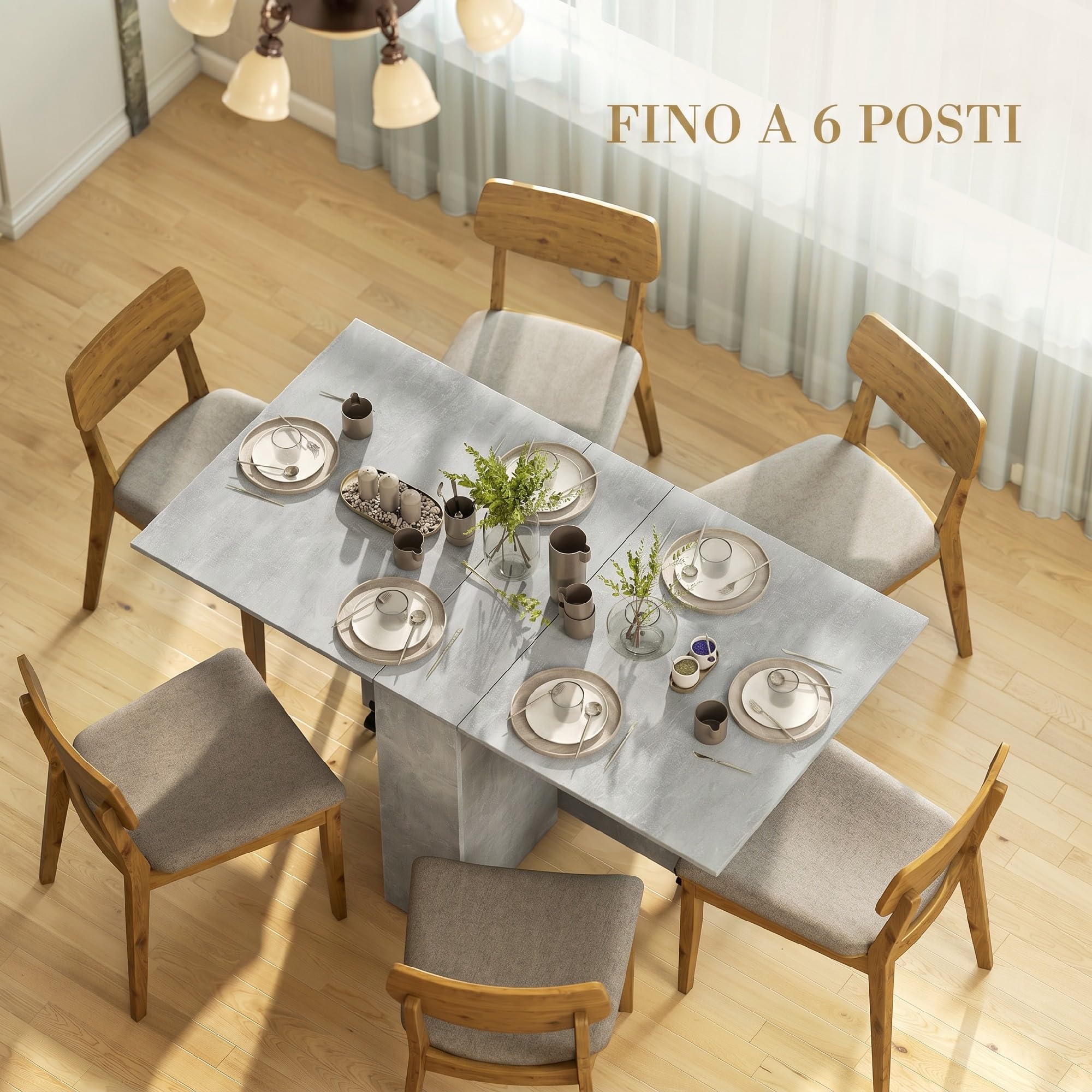 HOMCOM Tavolo da Pranzo Pieghevole, Tavolo Cucina a Ribalta per 6 Persone, Scrivania Richiudibile Salvaspazio con 2 Ripiani Aperti e Ruote a Freno, per Soggiorno, Ufficio, 140x75x74cm, Grigio Cemento