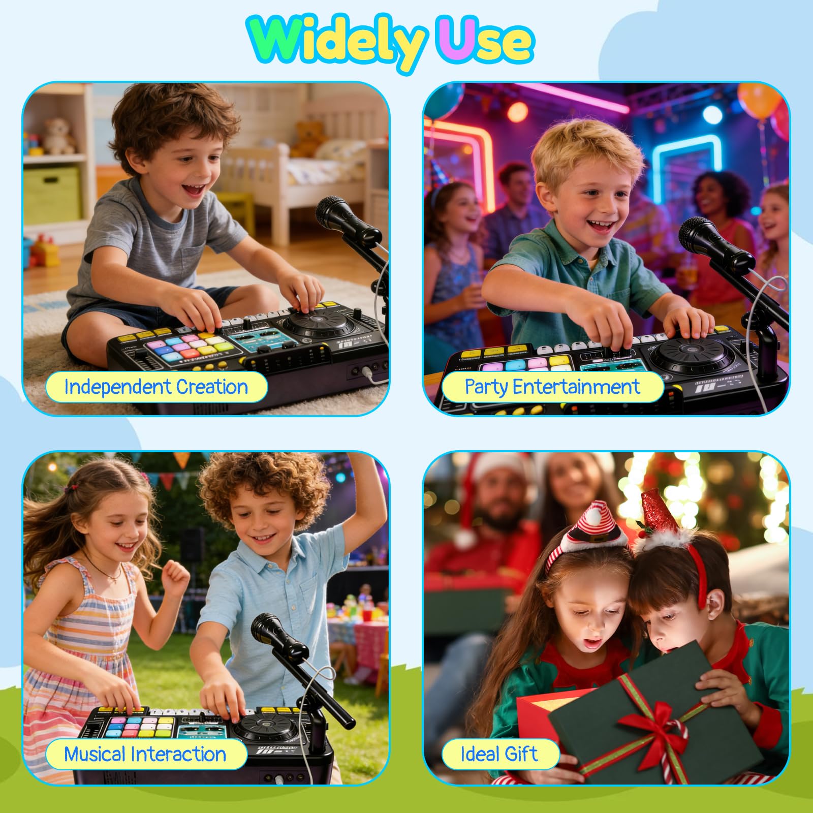 Table de mixage DJ pour enfants 3-12 ans, DJ Mixer Controller pour enfant Platines DJ Musicale avec 100+ effets sonores, micro, Lumières kit de mixage DJ Enfants Chargement USB, Bluetooth(schwarz)