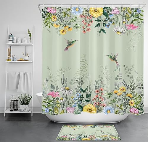 LB Watercolor Floral Shower Curtain Sets with Rugs Hummingbird and Colorful Flower with Eucalyptus Leaf on Sage Green Fabric Shower Curtain with