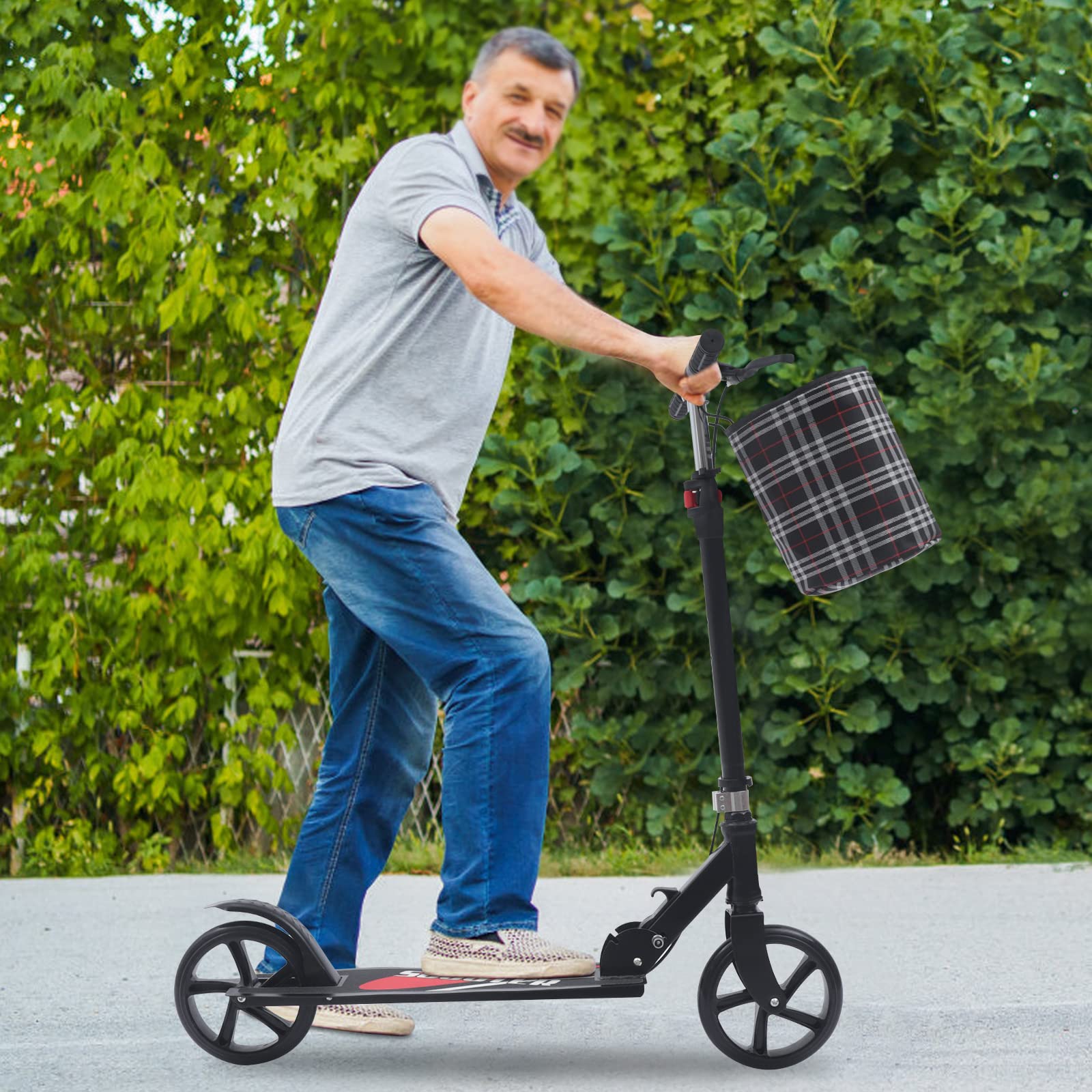 Trottinette pliable pour adultes/adolescents, en acier au carbone, avec frein à main, double suspension, garde-boue arrière et sac de rangement, capacité de charge jusqu'à 118 kg