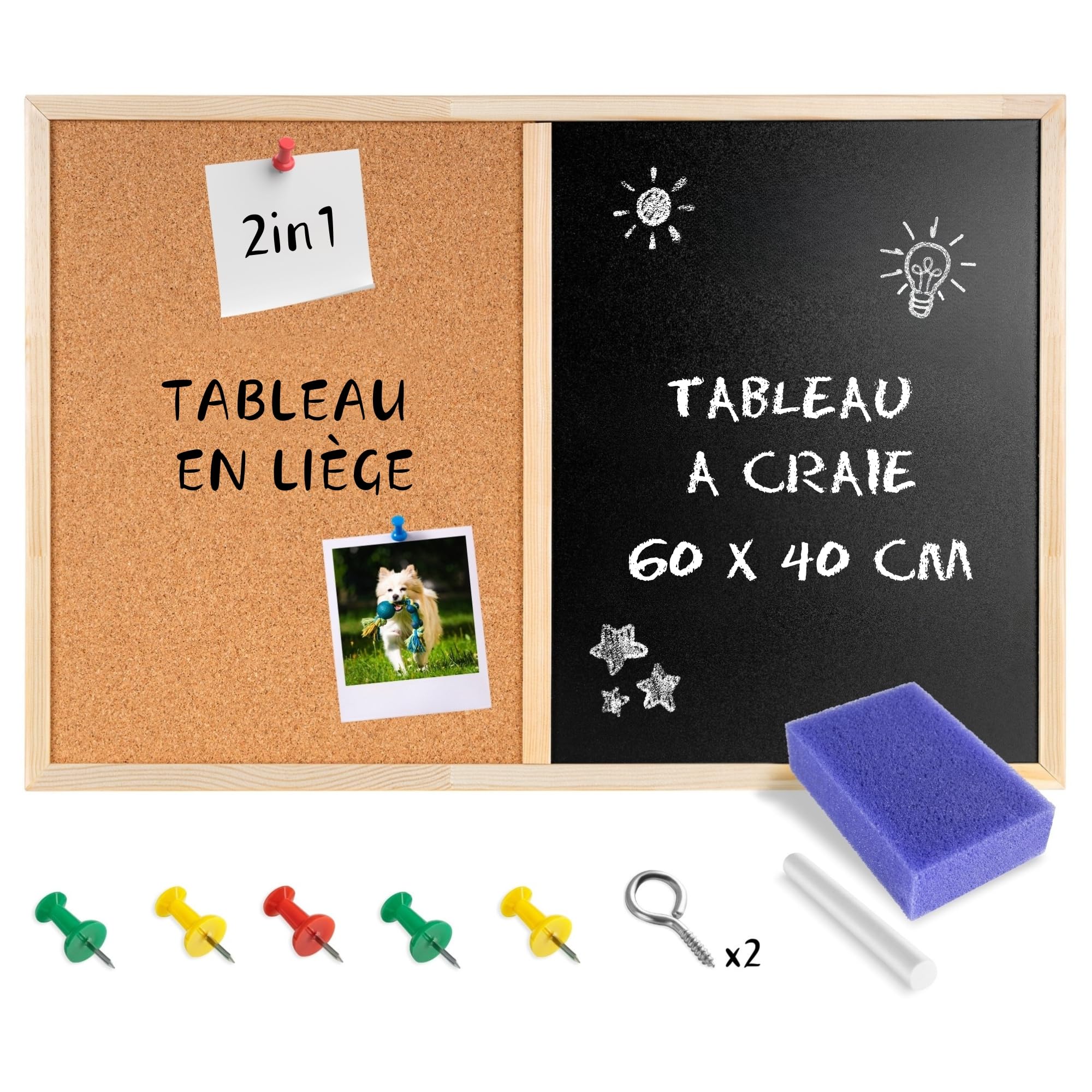 Creative Home 60 x 40 cm Tableau Liege Mural et Tableau Craie Noir Ardoise Murale | Inclus Éponge, Craie et Punaises | Tableau Cuisine | Tableau Liège | Tableau Enfant