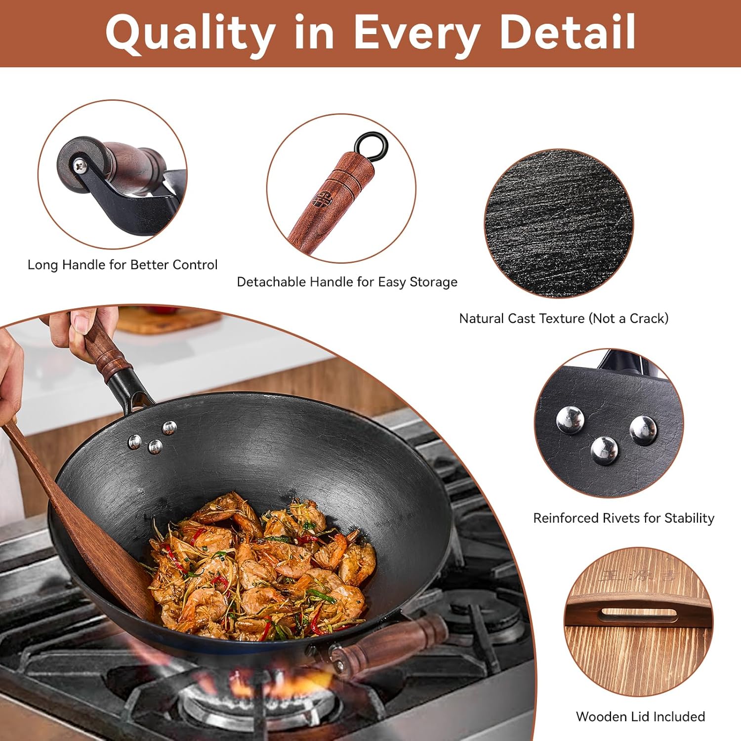 WANGYUANJI Cast Iron Wok Pan with Lid (12.6 Inch) - Handcrafted Flat Bottom Chinese Stir Fry Skillet for Induction, Electric & Gas - Walnut Wood Handle, No Coating - Image 4