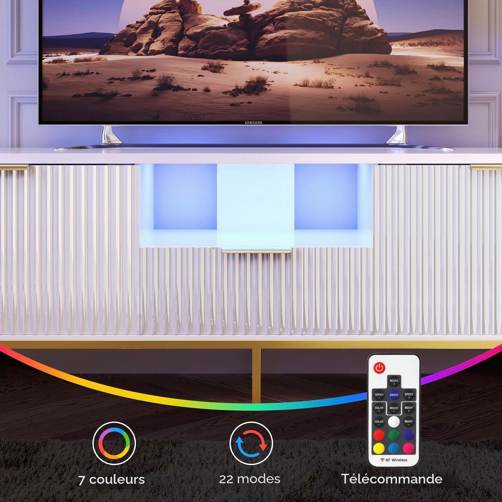 Bestier Meuble TV pour téléviseurs 55/60 Pouces, Meuble multimédia Moderne avec Rangement, Console multimédia avec Motif ondulé pour Salon et Chambre à Coucher, Blanc Brillant