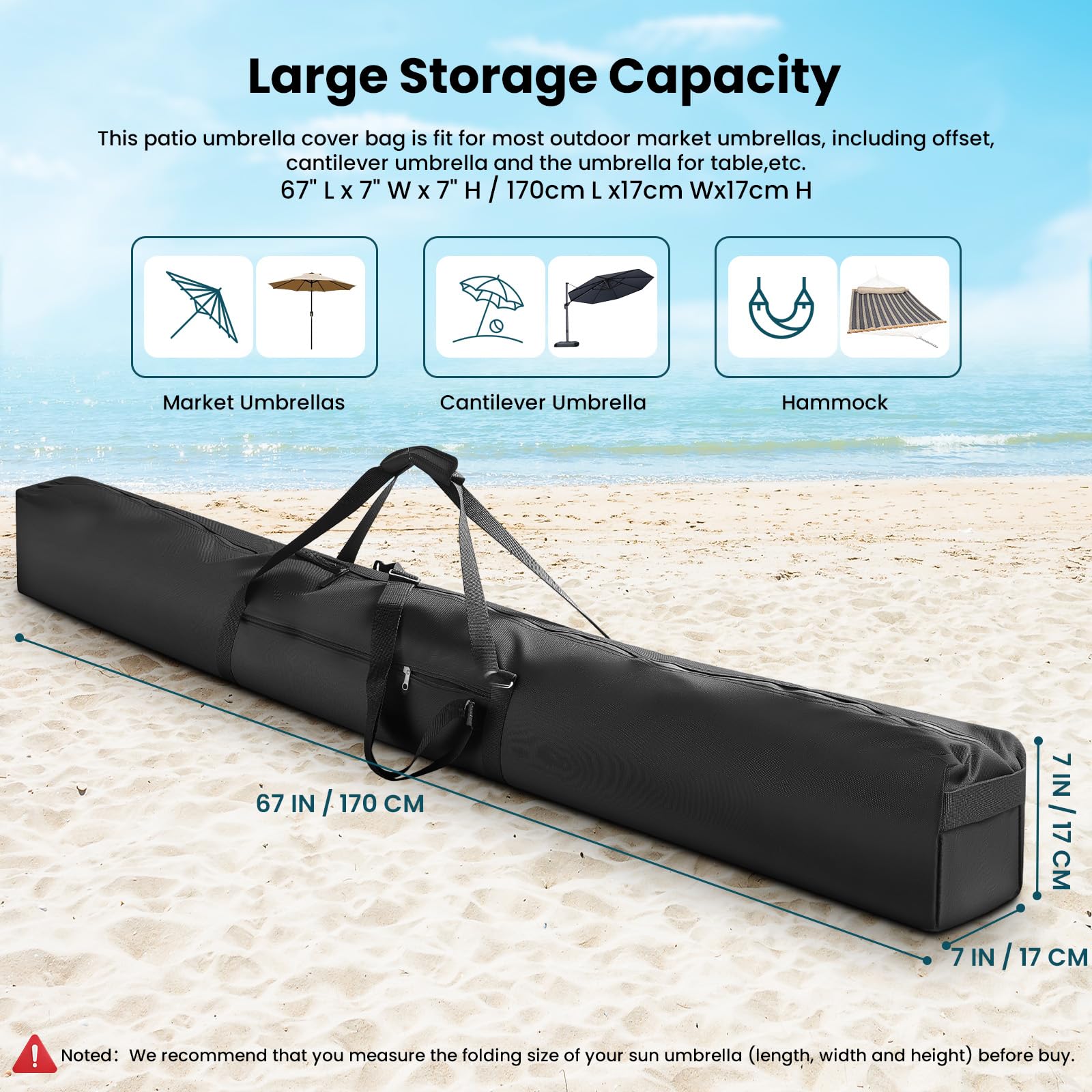 Borsa da trasporto per ombrellone da terrazzo, borsa portaoggetti per ombrellone da spiaggia 900D migliorata con tracolla imbottita e cerniera a doppia apertura impermeabile, borsa ombrello