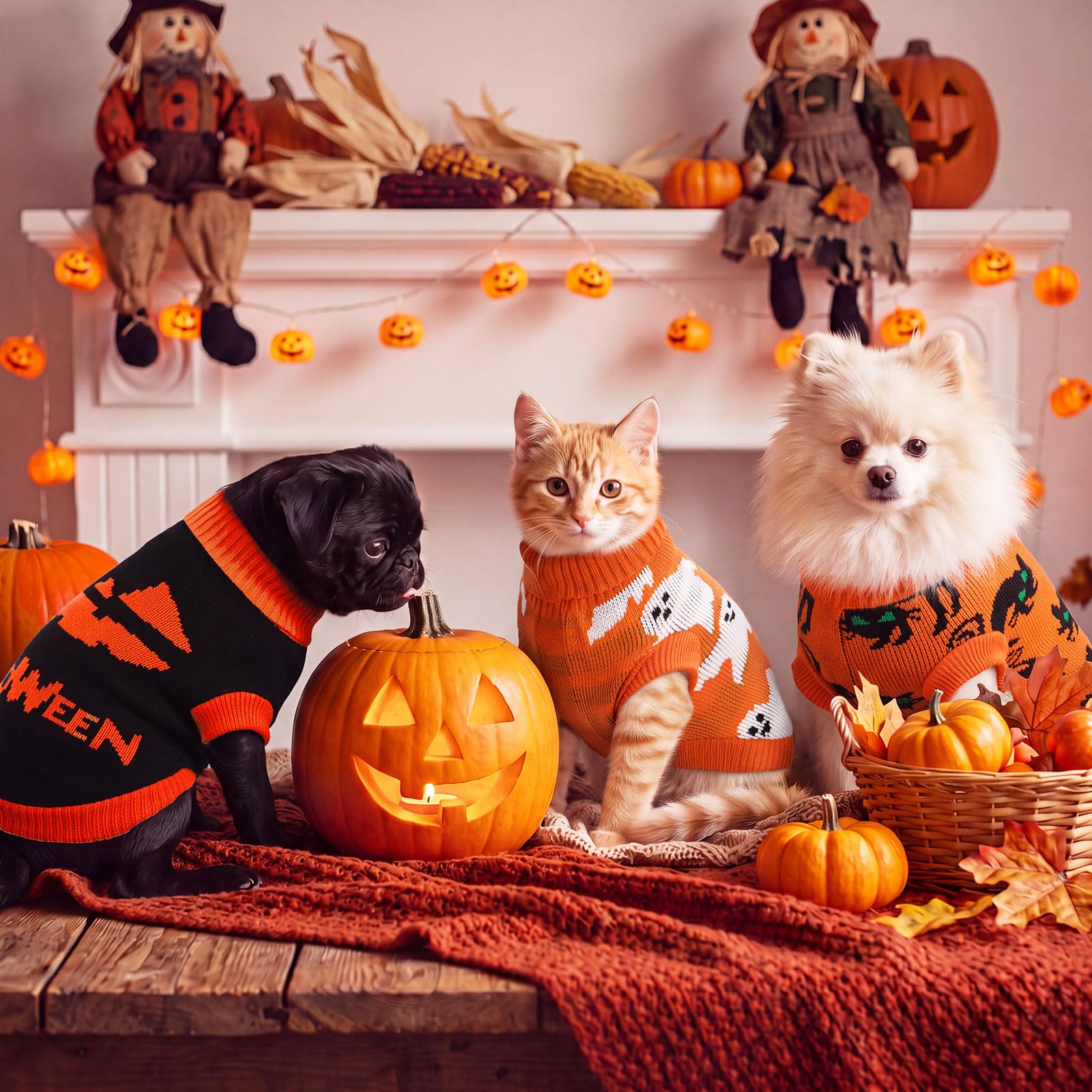Lot de 4 pulls pour chien Halloween citrouille avec trou pour | Ensemble de vêtements d'hiver doux et extensibles pour chihuahua, yorkshire, petites races, vêtements d'hiver chauds avec