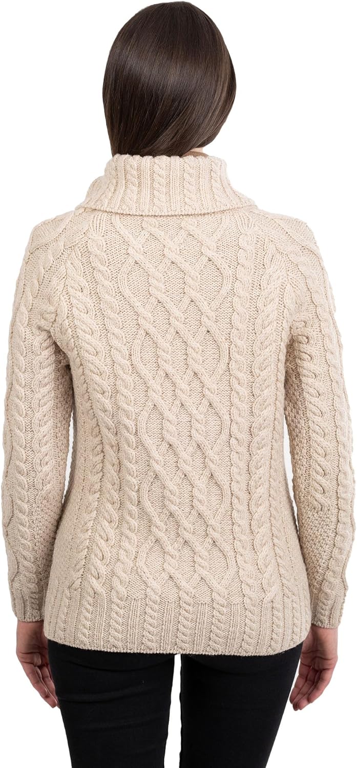 SAOL 100% Merino Wool Aran Fisherman Celtic Half Zipper Neck Sweater for Ladies - Image 3