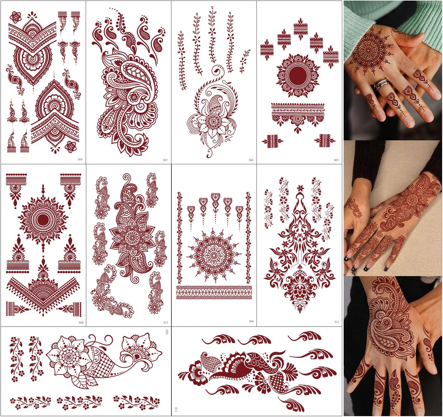 10 Sheets Brown Henna Tattoo Kit, Lace Fake Tattoos Semi Permanent Tattoo Stickers Waterproof Henna Tattoo Stickers for Women Wedding Party Festival Tattoos Decorations(Henna Tattoo) 538