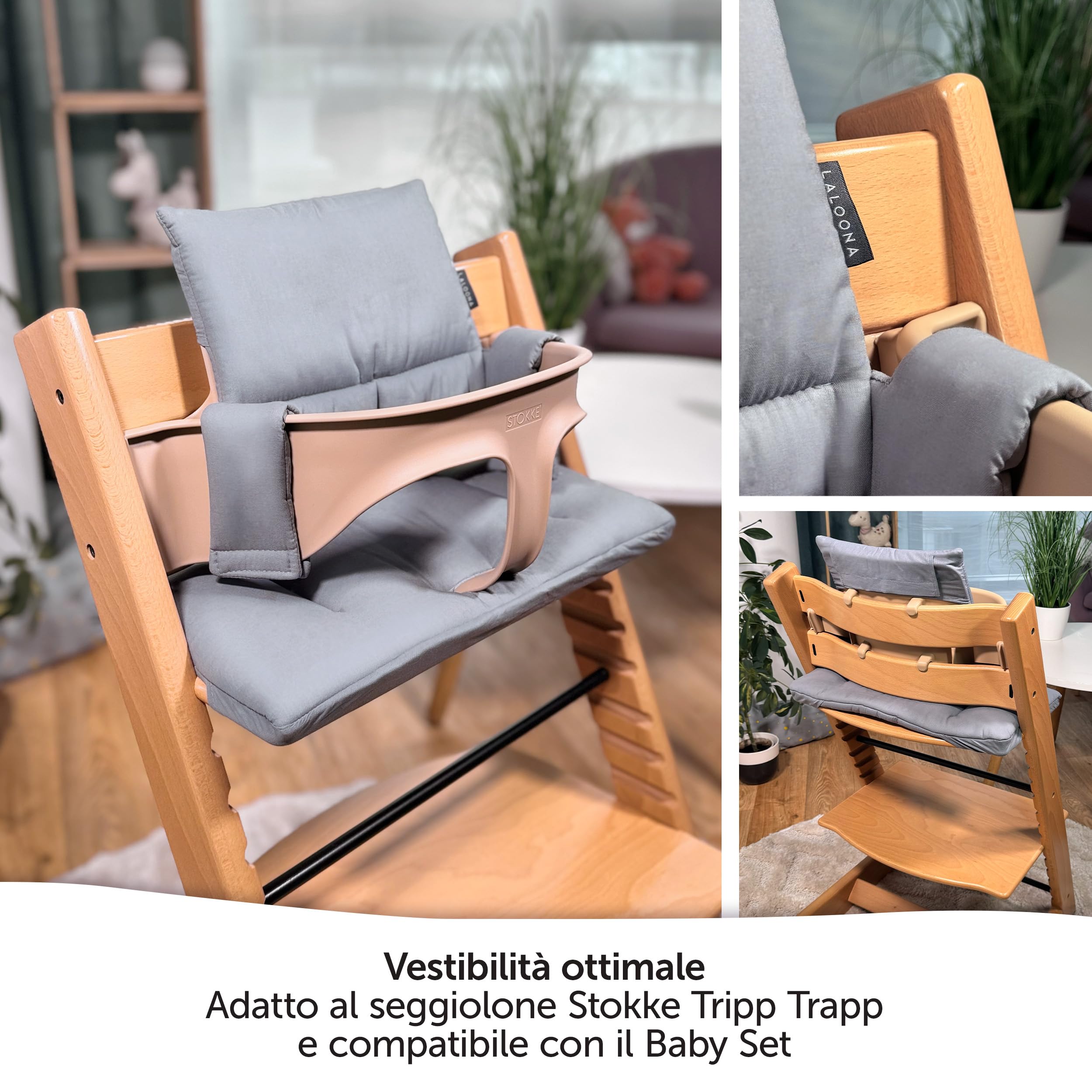 LaLoona Cuscino Seduta per Seggiolone Stokke Tripp Trapp - Cuscino Per Stokke Seggiolone Pappa 2 Pezzi, OEKO-TEX Standard 100, Lavabile in Lavatrice - (Grigio, Rivestito)