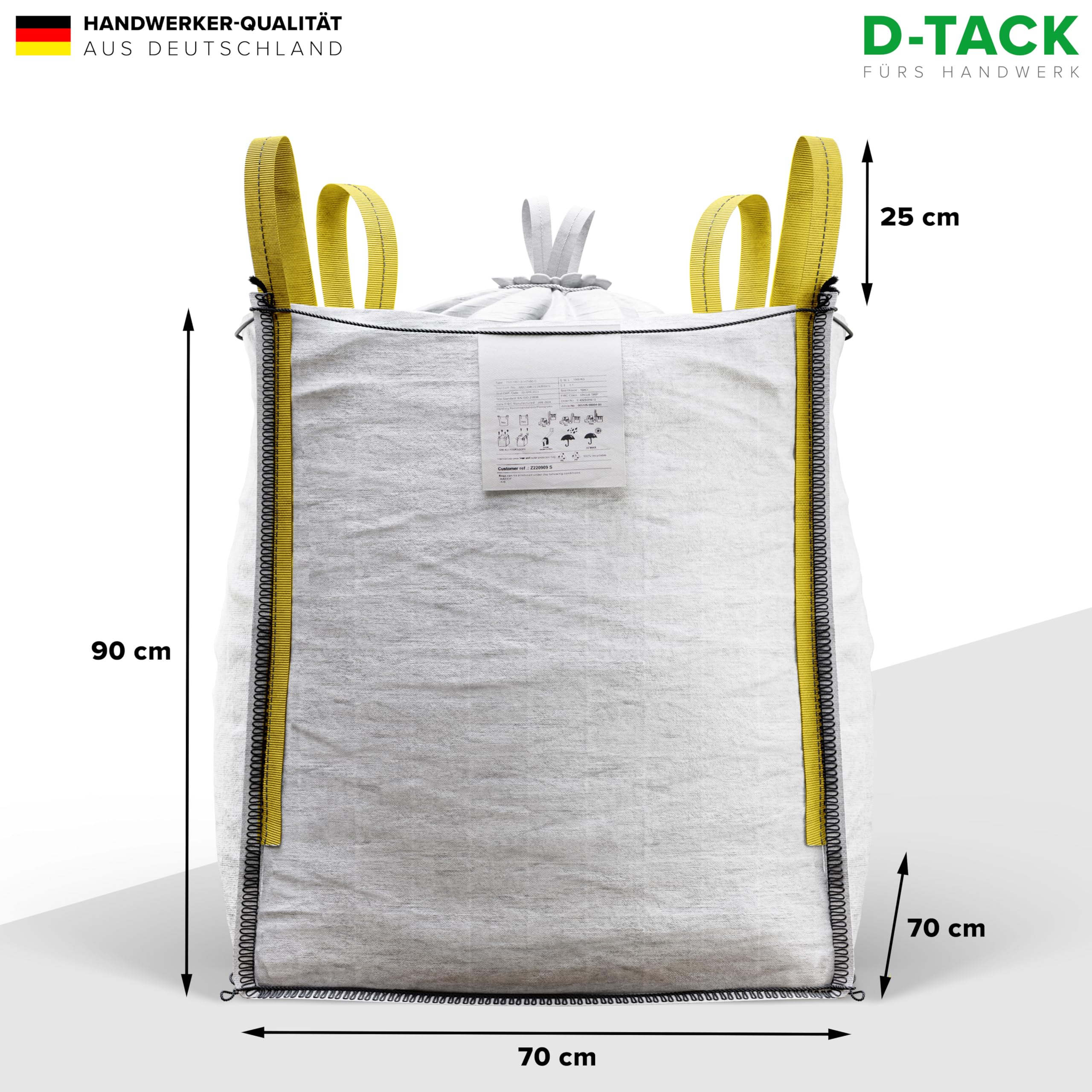 D-TACK 5x Big Bag | 70 x 70 x 90 cm | Säcke für Bauschutt, Holz, Laub, Kies, Sand, Erde, Gartenabfall, Grünschnitt, Pellets | 4 Schlaufen für Kran & Stapler | 1.000 kg | Inkl. Schürze zum Zubinden