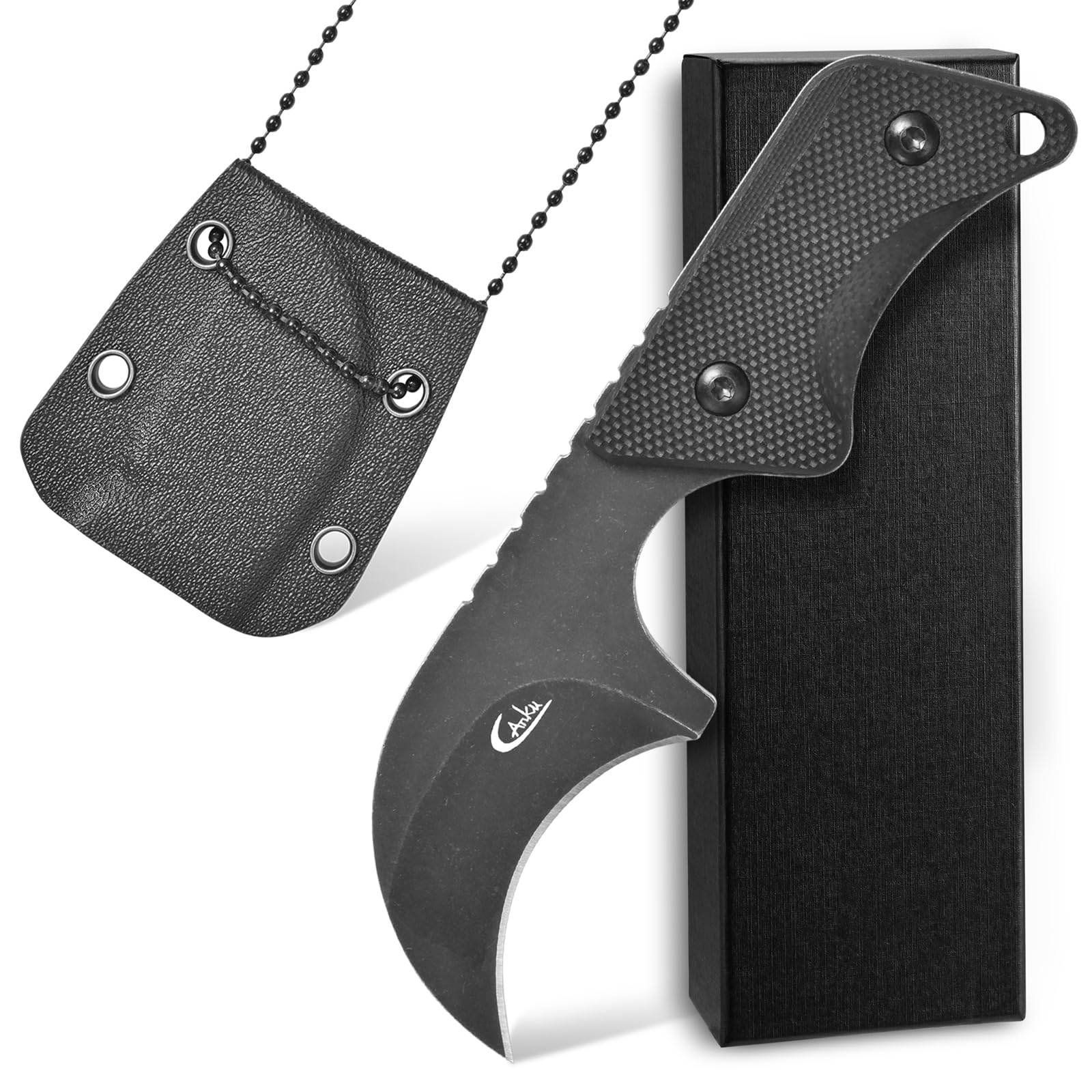 Ccanku C1294 Fixed Blade Knife,9Cr18Mov Blade G10 Handle EDC Tool Neck Knife for Outdoor, Camping, Hiking, Fishing with kydex Sheath (Black)