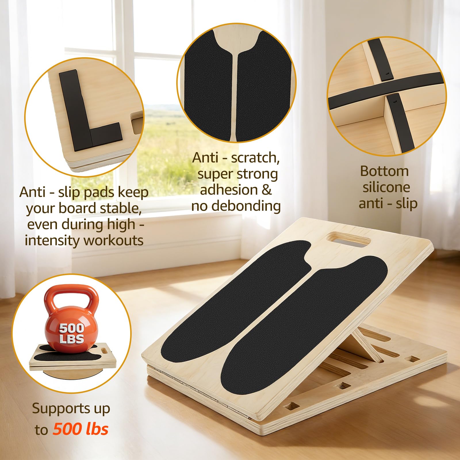 Balance Board 3-in-1 in Legno Portatile, Angoli Regolabili, Maniglia