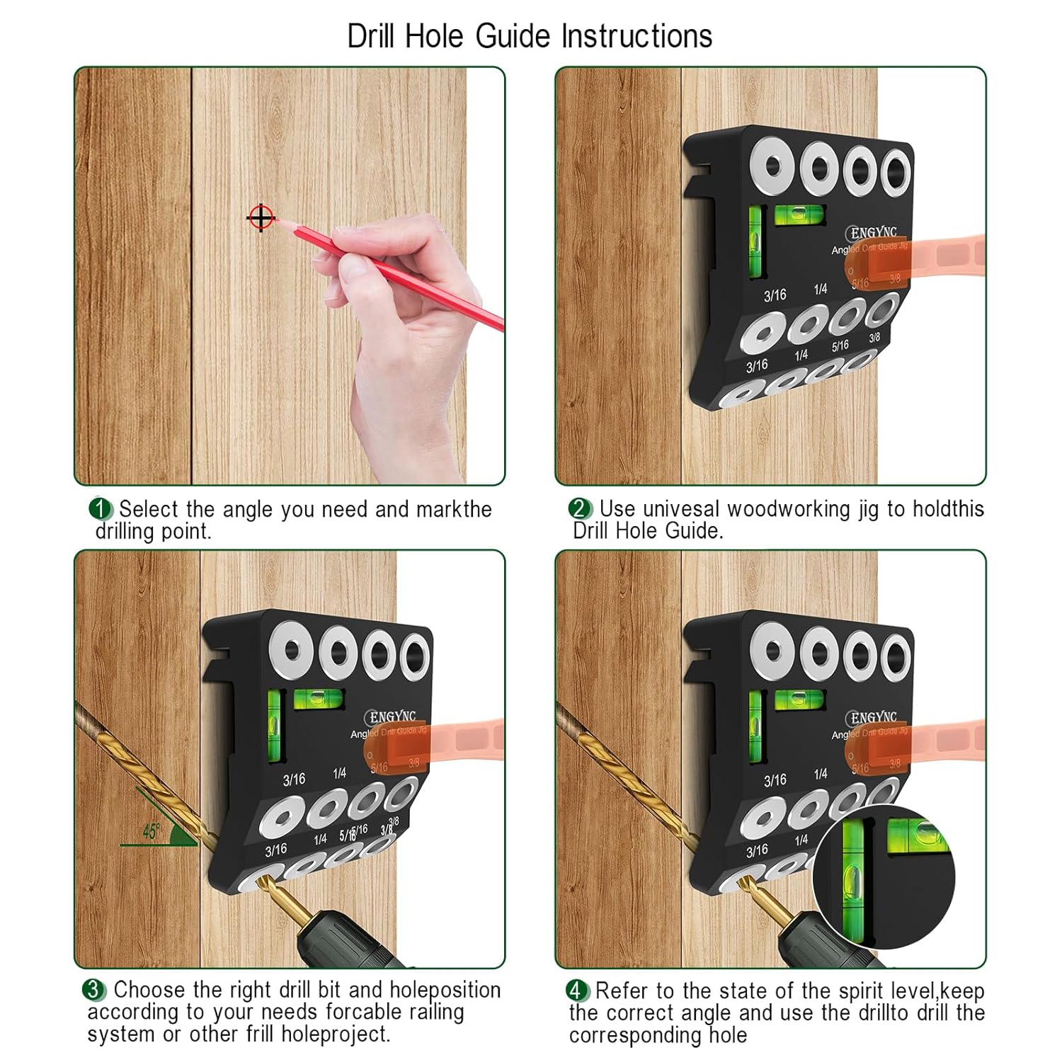 30 45 90 Degree Angled Drill Guide Jig with 2 Torpedo Level, 4 Sizes Portable Drilling Hole Guide Jig for Straight and Angle Stairs Handrail, Cable Railing, Deck, Wood Post Level Design