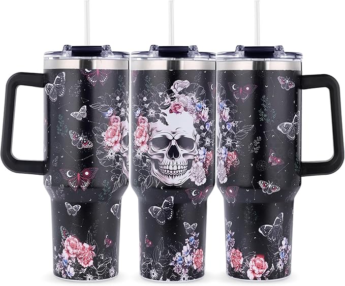 Skull Tumbler Gothic Skulls Gifts for Women - 40oz Gothic Skull Tumbler with Handle - Christmas Birthday Present with Lid and Straw for Skulls Lovers