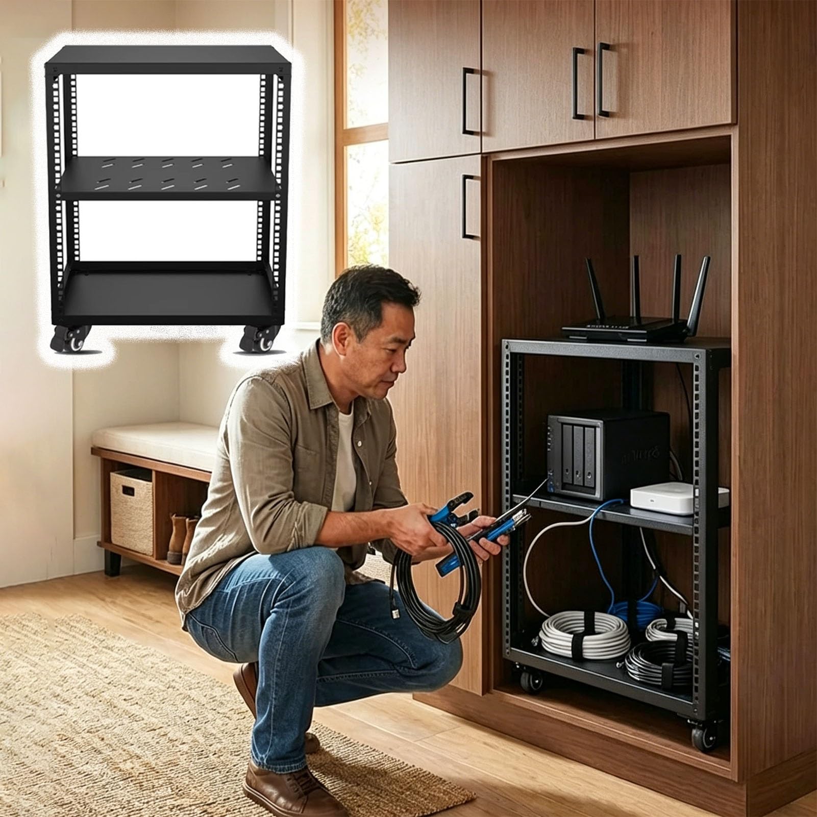 Vibeo Rack di Rete a Telaio Aperto Rack per Server Ventilato con Ripiani e 4 Ruote, Rack di Rete a Telaio Aperto 12U 16U 20U, Sistema Rack Audio per Apparecchiature di Rete da 48 cm(12U,1 Tier)