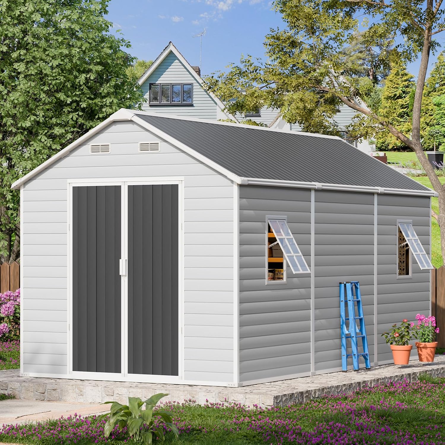 8x14 FT Extra-Deep Resin Storage Building with Floor, 16mm Thick Panels & 21-Gauge Steel Structure, Long Garden Shed with 2 Windows for Kayaks, Ladders & Bulk Equipment