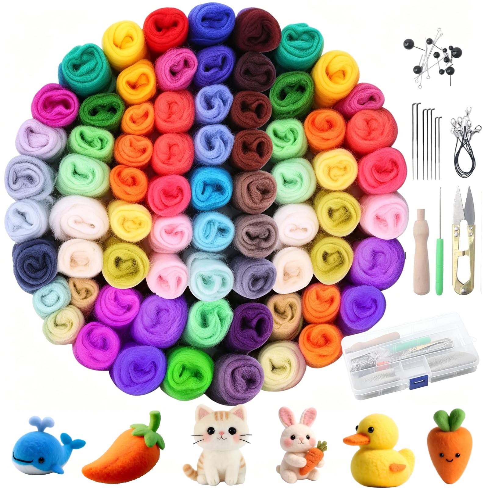 Kit de Feutre 72 Couleurs Laine Cardée – Avec Boîte, Aiguilles, Ciseaux, Dé à Coudre – Laine à Feutrer Set 72 Couleurs pour Feutrage à Sec et Mouillé – Jouet DIY, Bijou, Décoration