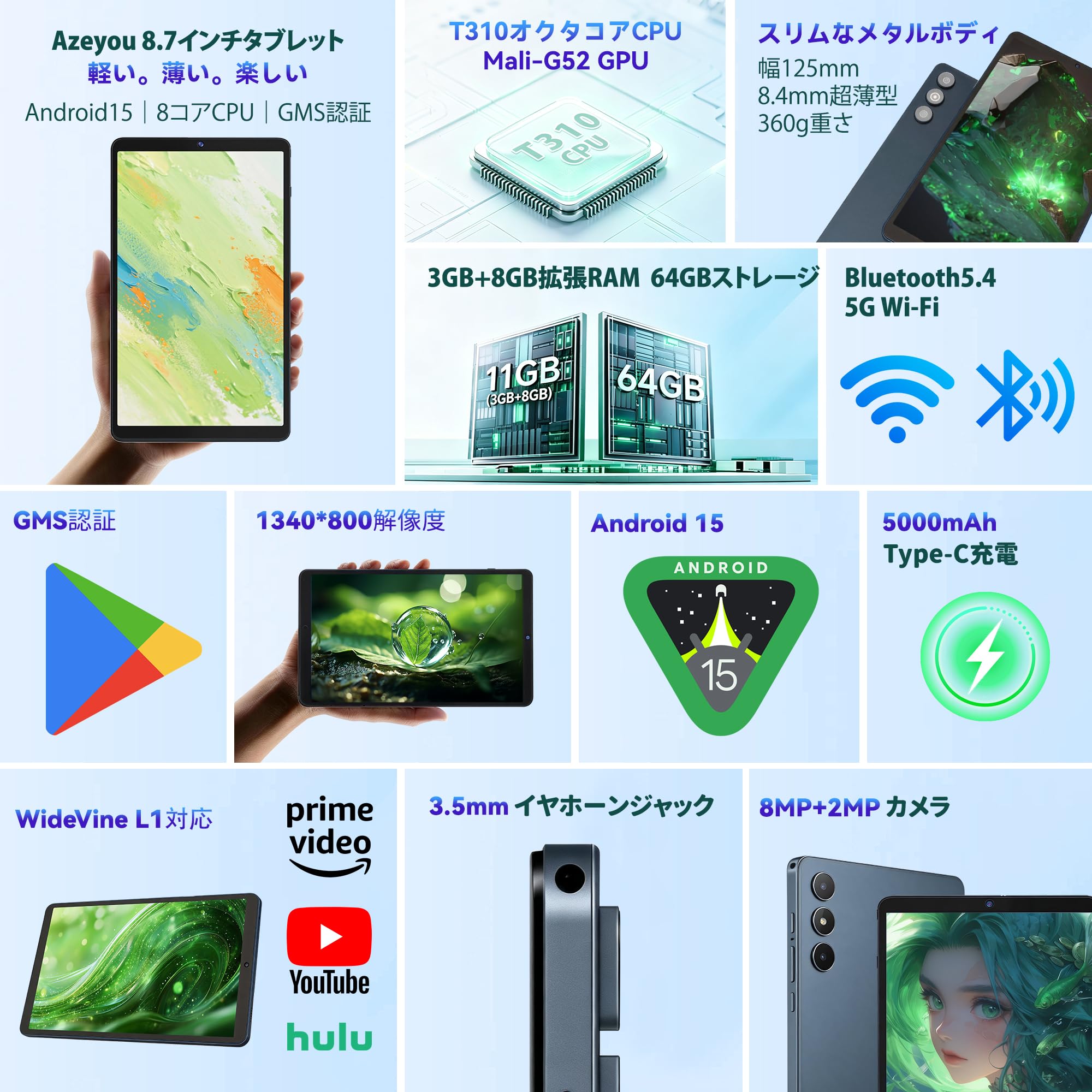 Amazon.co.jp: Azeyou【タブレット 8.7インチ】11GB+64GB+2TB拡張、2.0