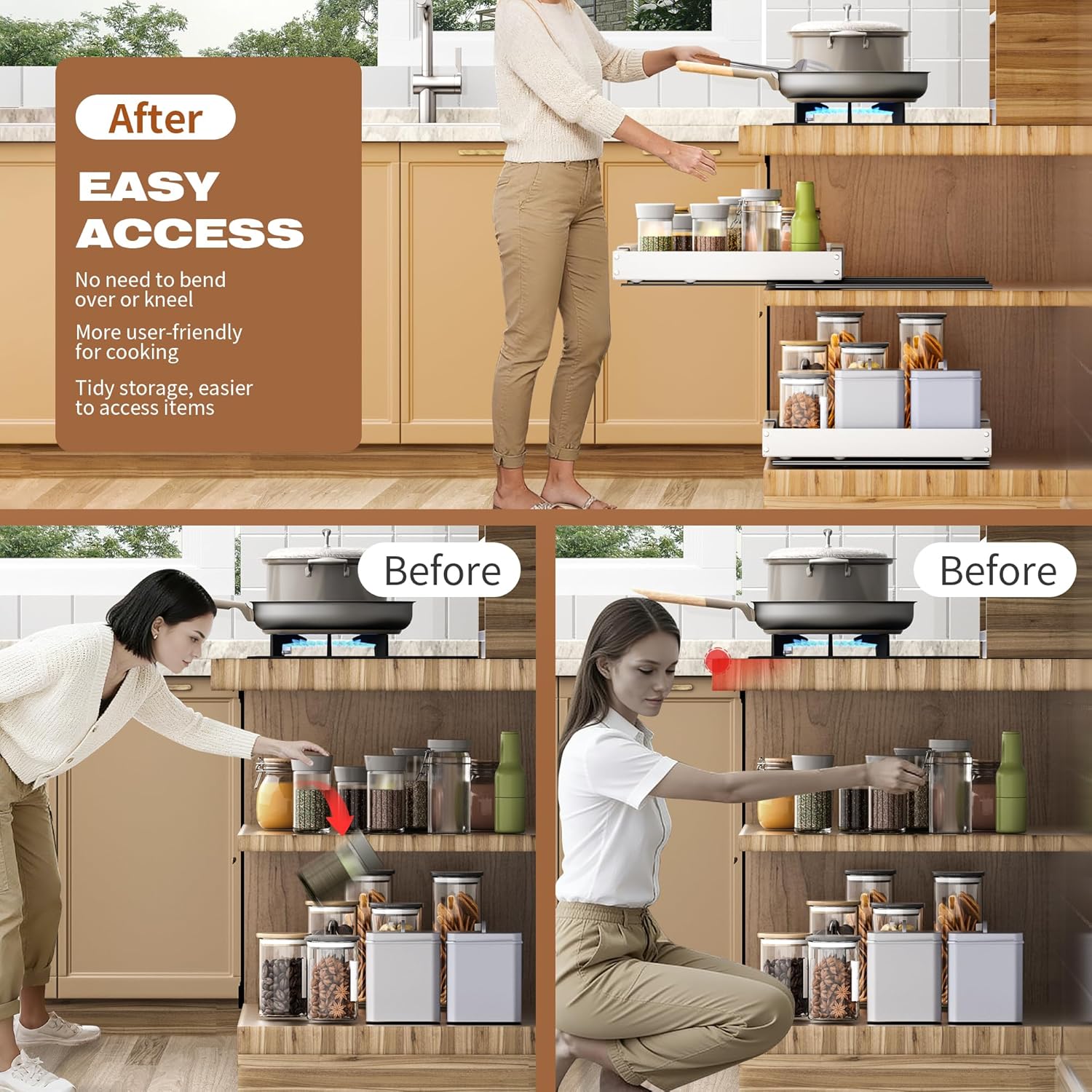 2 Pack Pull Out Cabinet Organizer Expandable,Adjustable 12-21 Inch Width Slide Out Drawer Shelves,Painted Carbon Steel with Heightening Pad,No Drill,for Kitchen/Bathroom/Pantry/Under Sink/Laundry Room