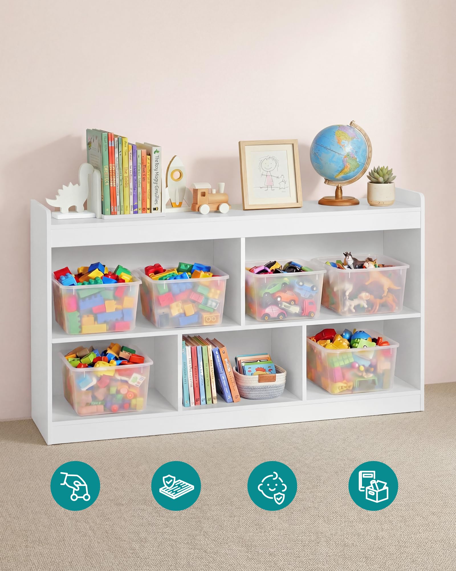 Półka dziecięca SONGMICS, przechowywanie zabawek, półka na zabawki, regał dziecięcy, półka Montessori, 5 otwartych przegródek, salon dziecięcy, 30 x 112,2 x 65 cm, kolor Cloud White GKR052WZ01