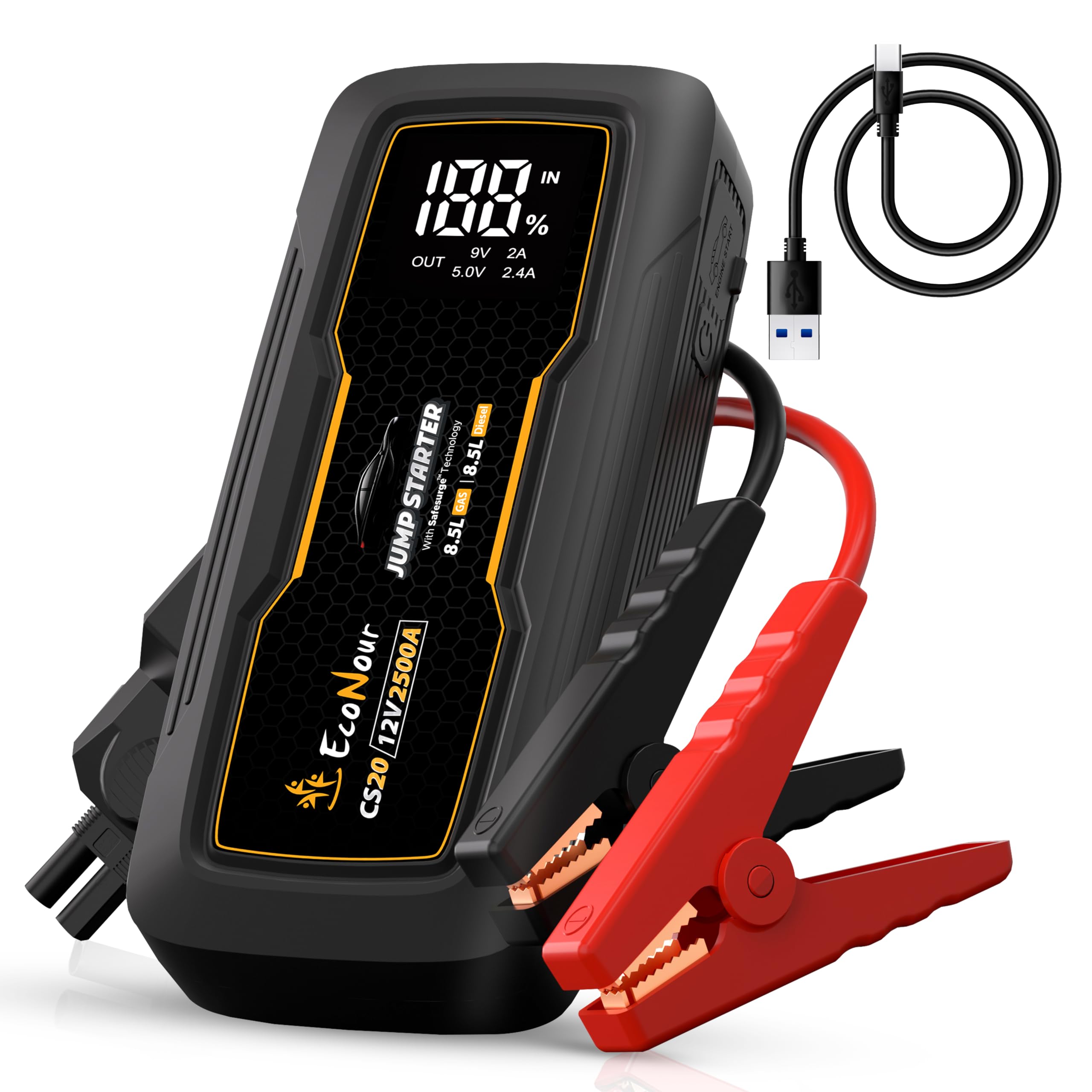 EcoNour 2500A Car Battery Jump Starter 12V Battery Booster Pack Up to 8.5L Gas &amp; 8.5L Diesel Engines – Jump Box with Jumper Cables, USB Charger, LCD Display, LED Flashlight – for Cars, SUVs, Trucks