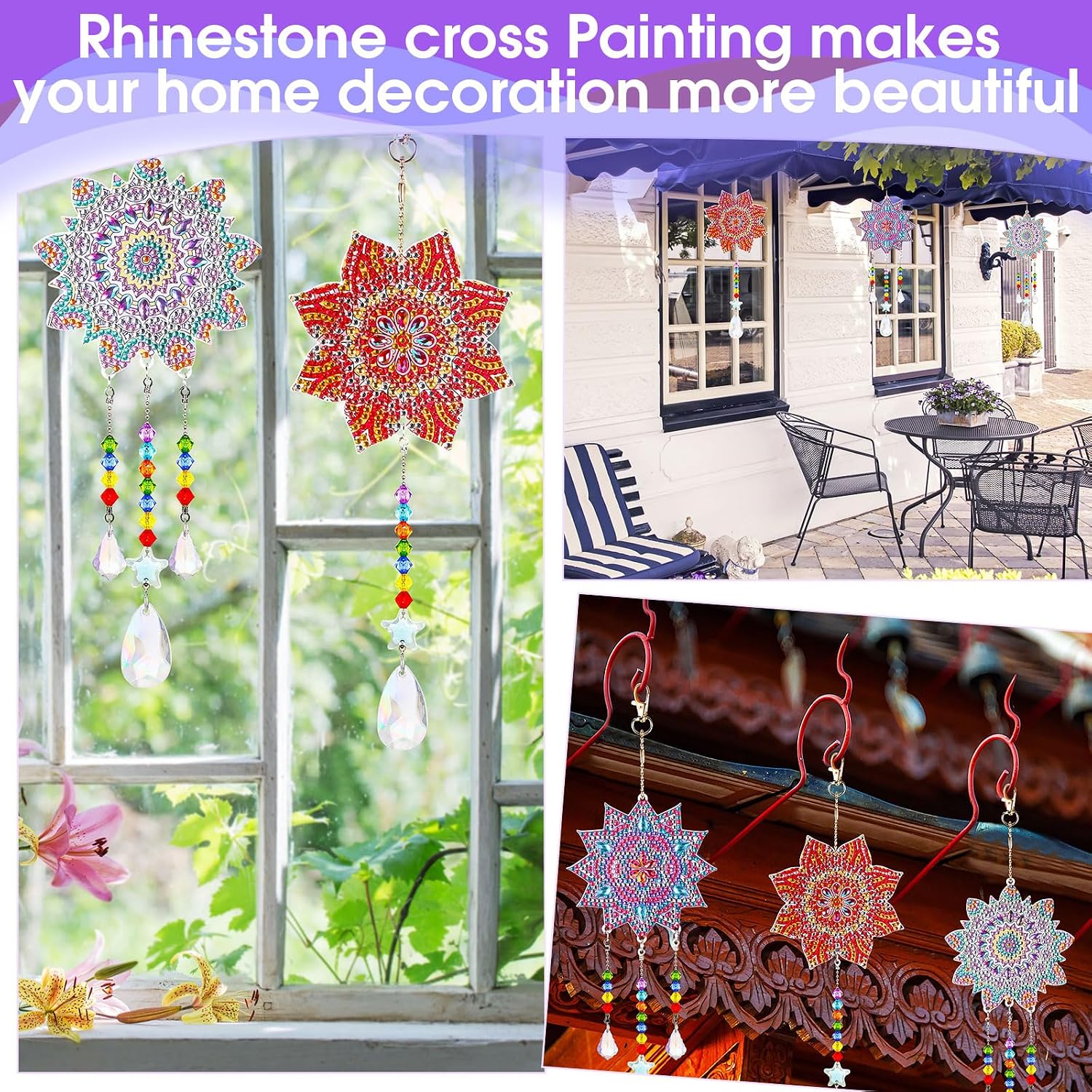 Macarrie 3 Pack Diamond Painting Suncatcher Diamond Art Sets Painting Suncatcher Rhinestone Wind Chime Double Sided Crystal Hang Ornament Flower Crystal Kit Gifts for DIY Window(Vintage Style)