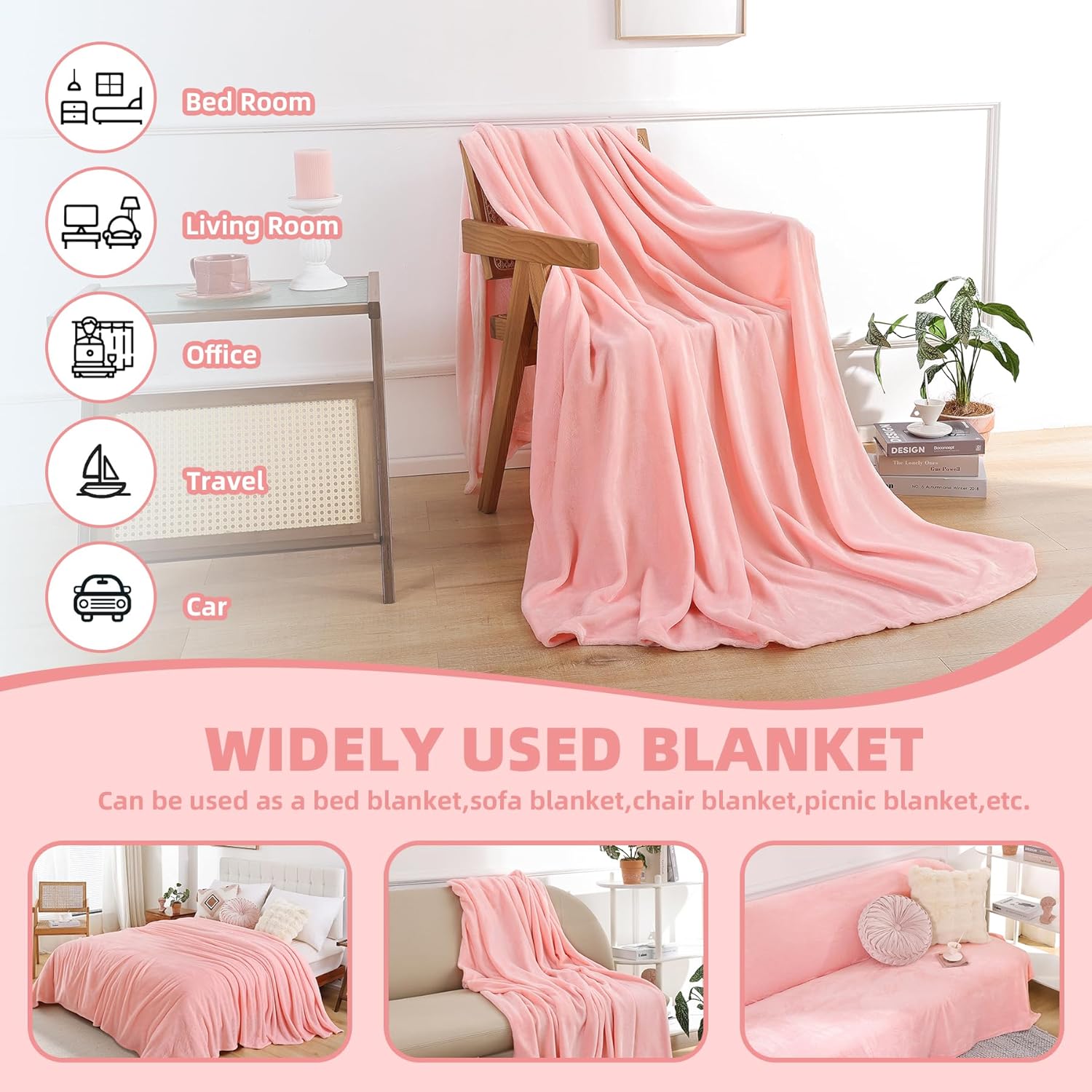 Pink Fleece Throw Blanket for Couch Chair Sofa, Soft Warm Fuzzy Cozy Blankets for Women Men, 300GSM Room Decor Flannel Microfiber Blankets for All Seasons, 50x60 Inches - Image 7
