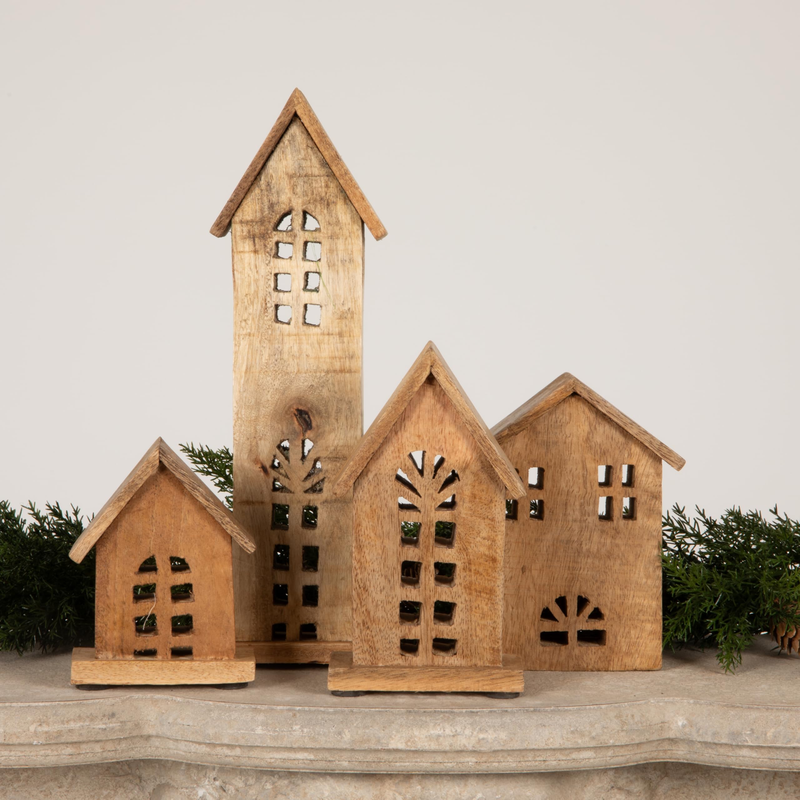 Creative Co-Op Decorative Carved Mango Wood Houses, Natural, Set of 4
